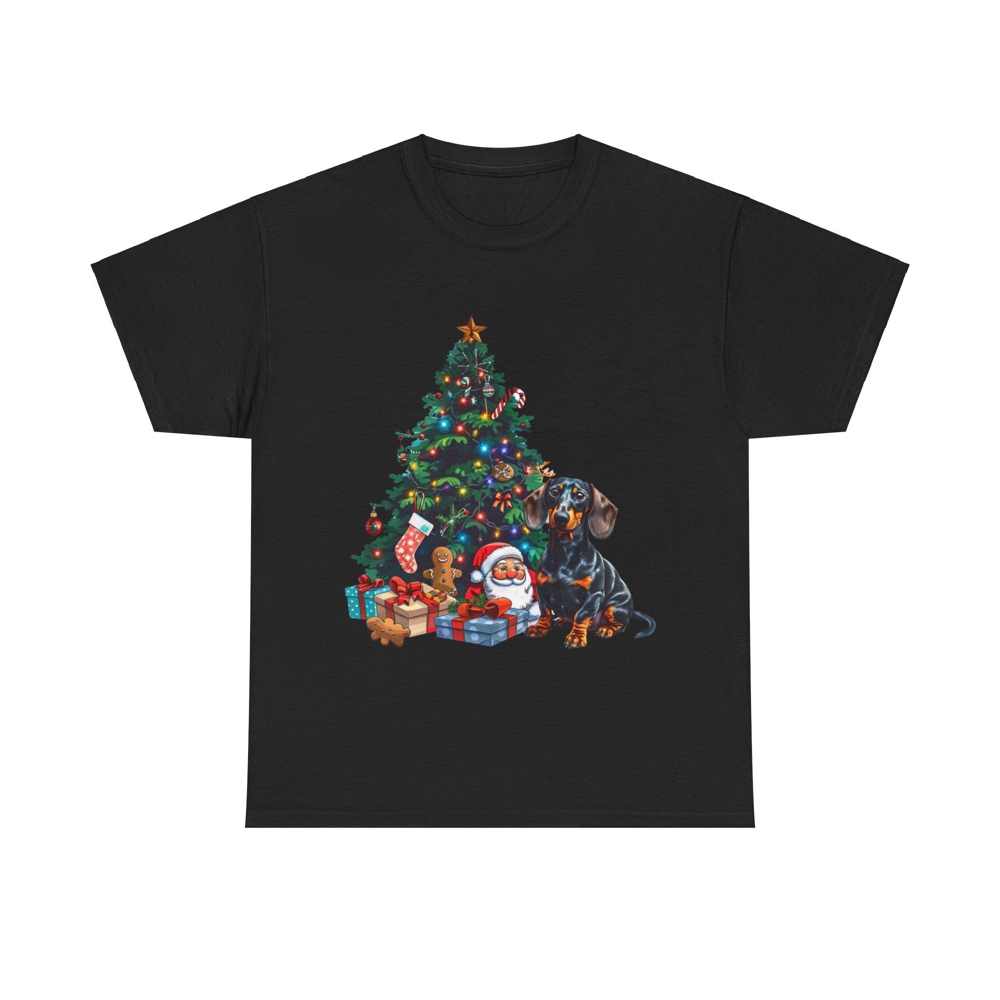 Printify T-Shirt Black / S Dachshund with Christmas Tree and Santa – Festive Holiday Dog Art