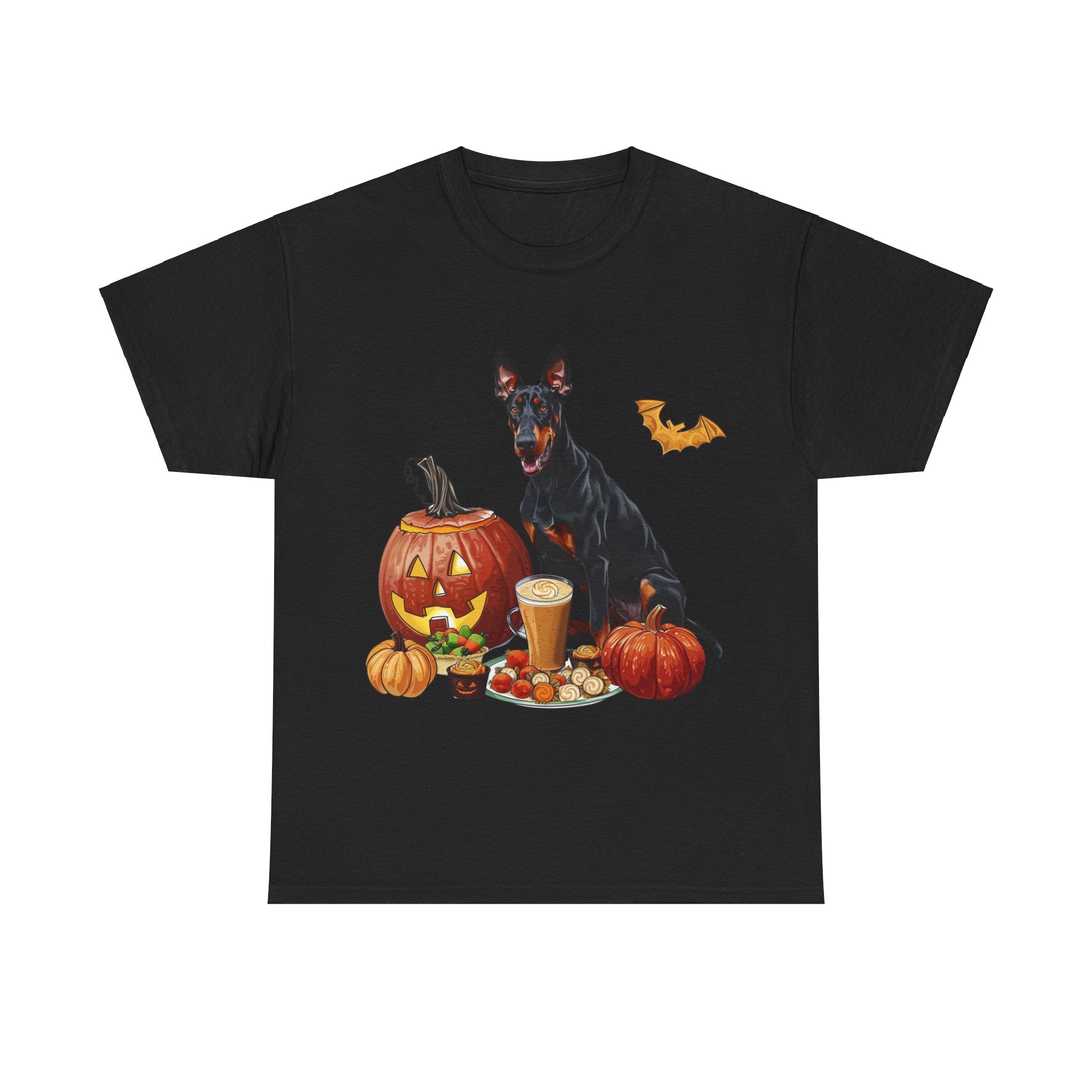 Printify T-Shirt Black / S Doberman Halloween Design with Jack-o'-Lanterns and Festive Treats – Perfect for Dog Lovers