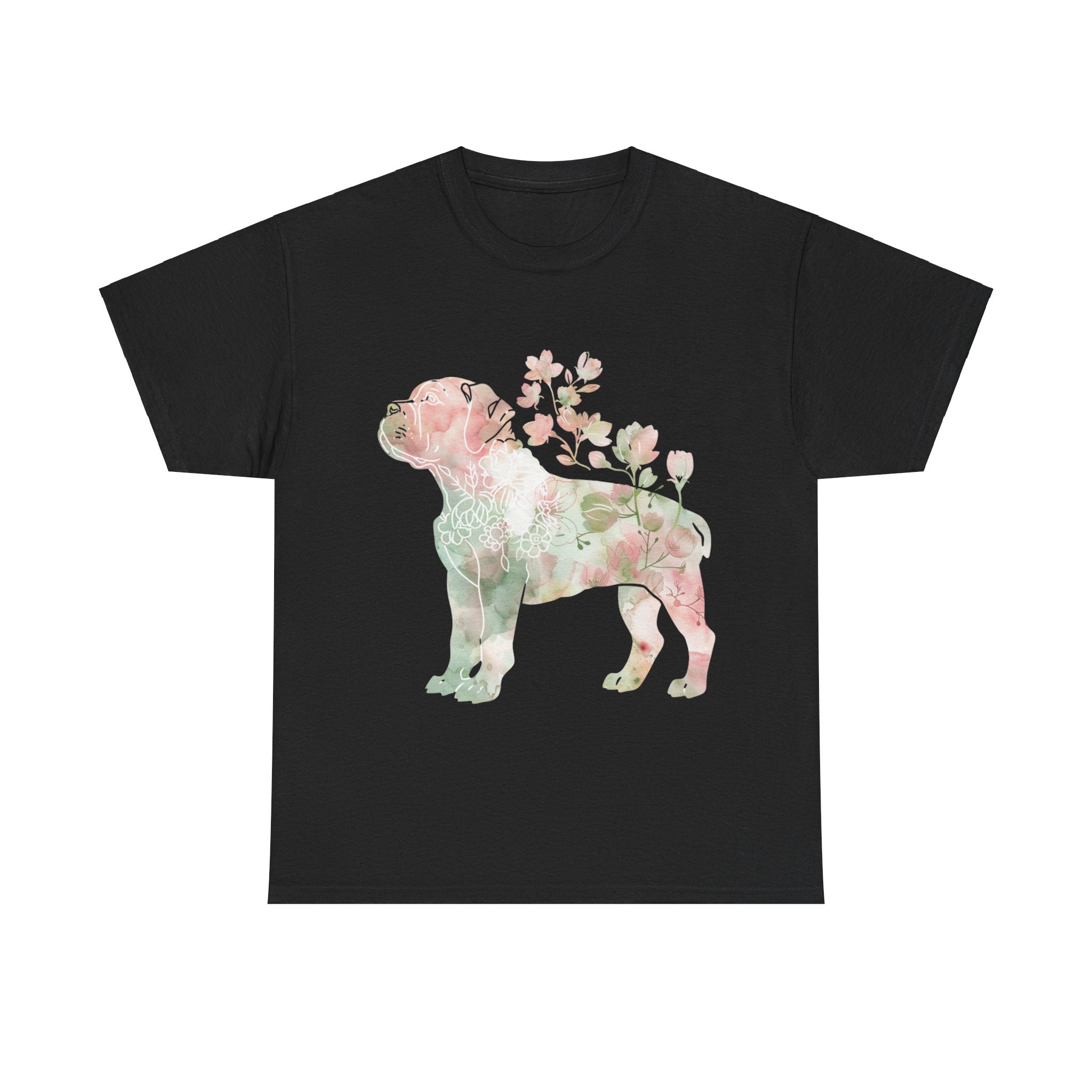 Printify T-Shirt Black / S Floral Boxer Puppy Unisex Heavy Cotton Tee