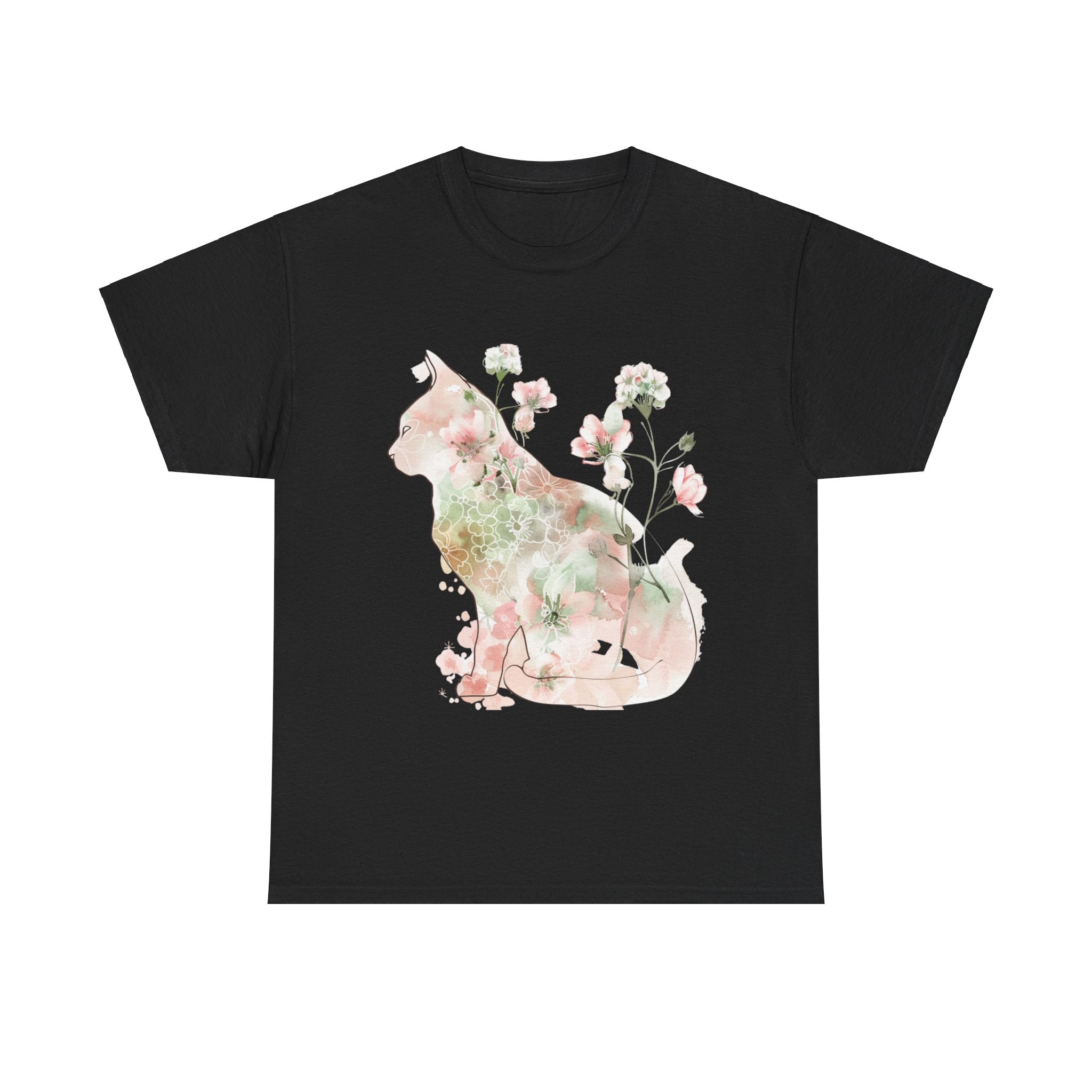 Printify T-Shirt Black / S Floral Cat Unisex Heavy Cotton Tee