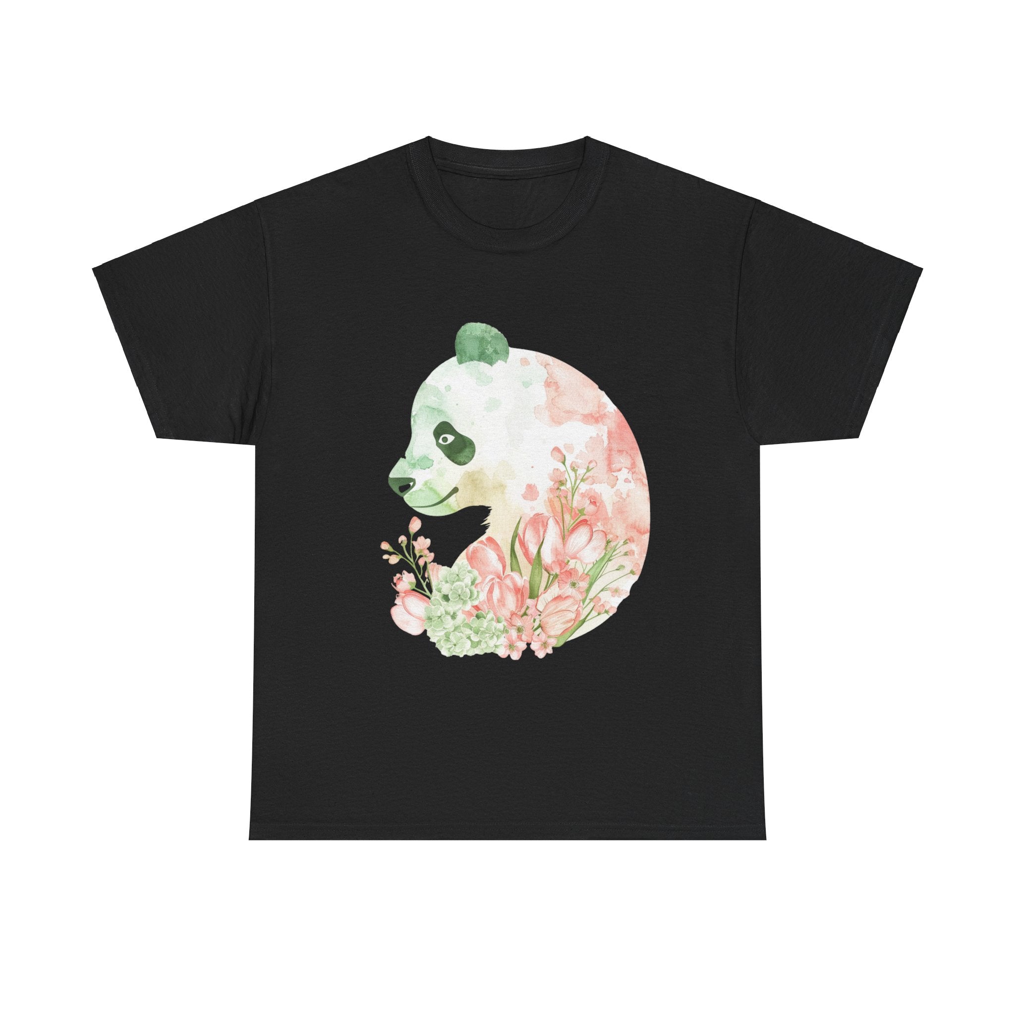 Printify T-Shirt Black / S Floral Panda Silhouette Unisex Heavy Cotton Tee