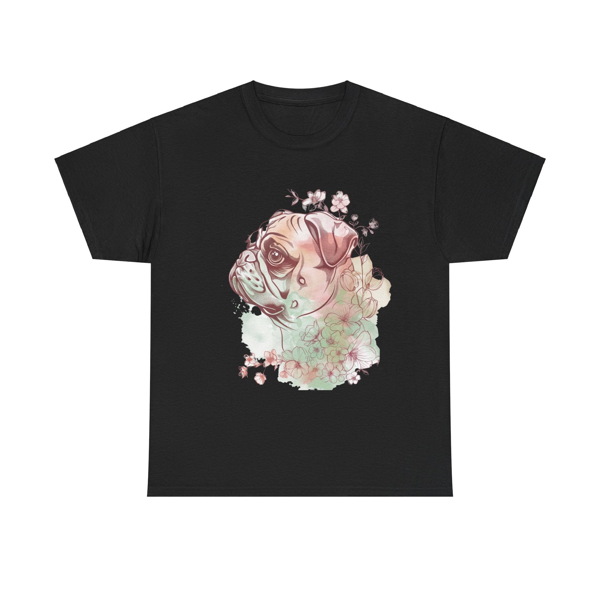 Printify T-Shirt Black / S Floral Pug Silhouette Unisex Heavy Cotton Tee