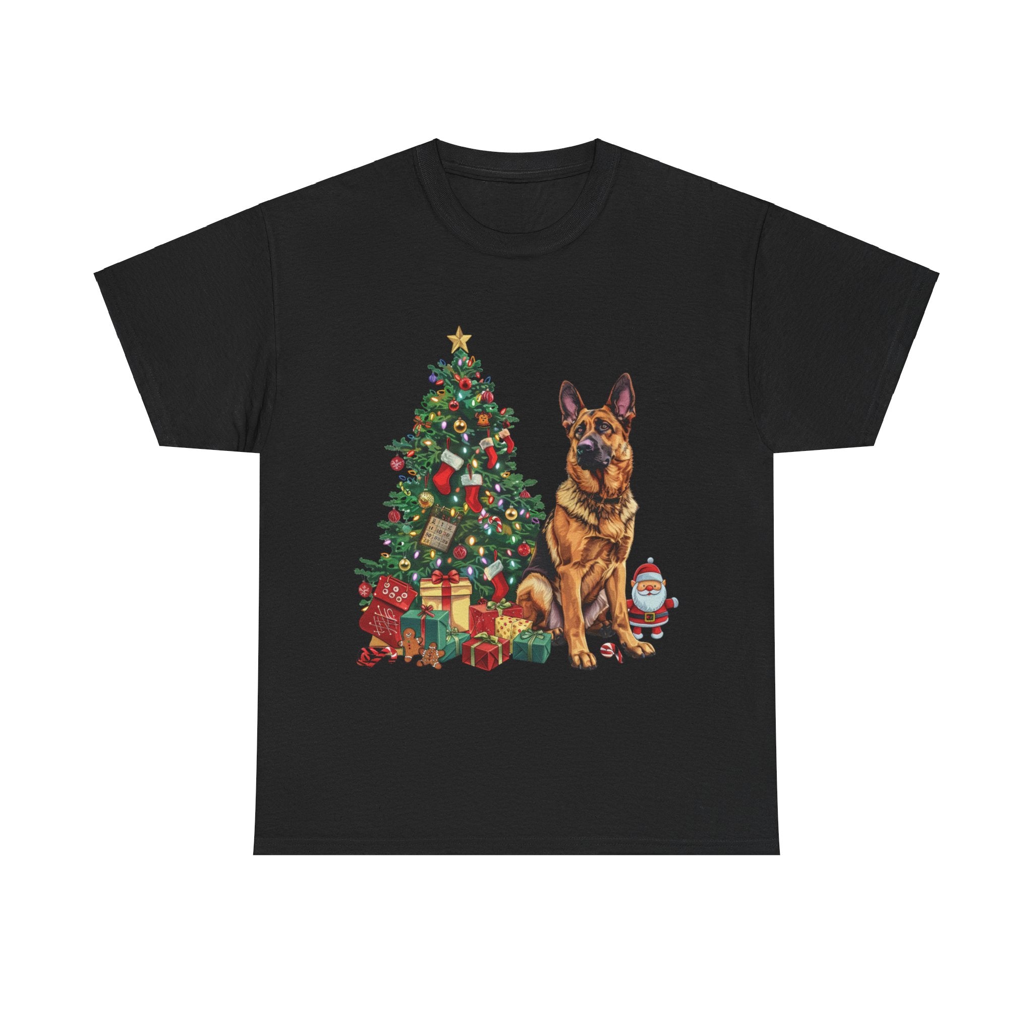 Printify T-Shirt Black / S German Shepherd Christmas Tree with Santa and Gifts – Festive Holiday Dog Art for Christmas