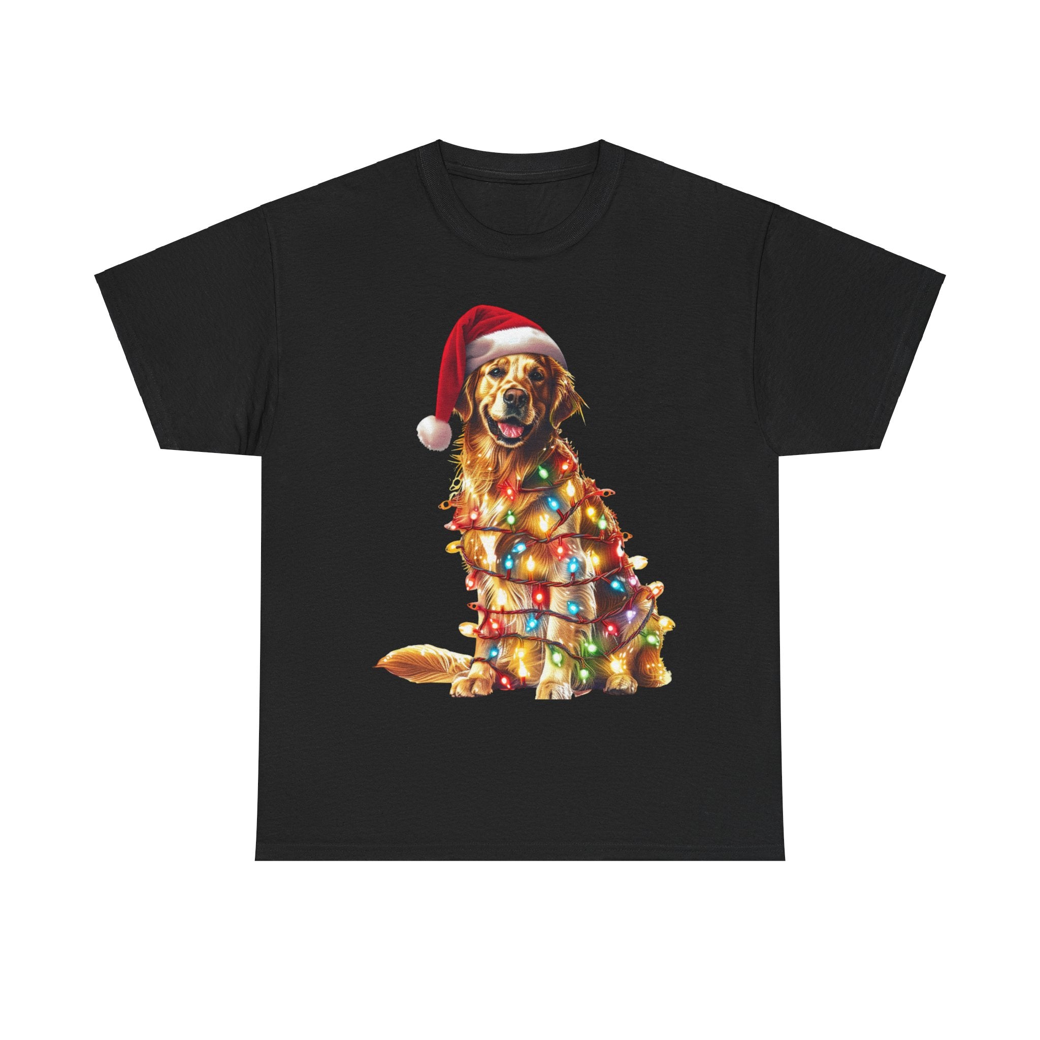 Printify T-Shirt Black / S Golden Retriever Christmas Lights Unisex Heavy Cotton Tee