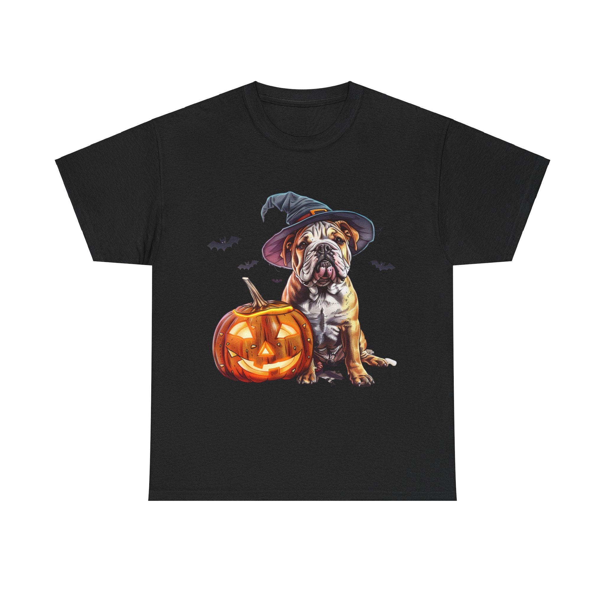 Printify T-Shirt Black / S Halloween Bulldog Witch Hat & Pumpkin Glow Unisex Cotton Tee