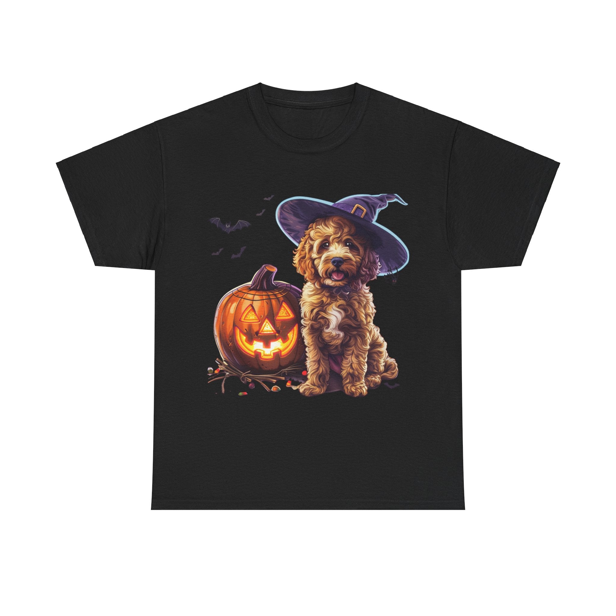 Printify T-Shirt Black / S Halloween Cockapoo Witch Hat & Glowing Pumpkin Unisex Cotton Tee