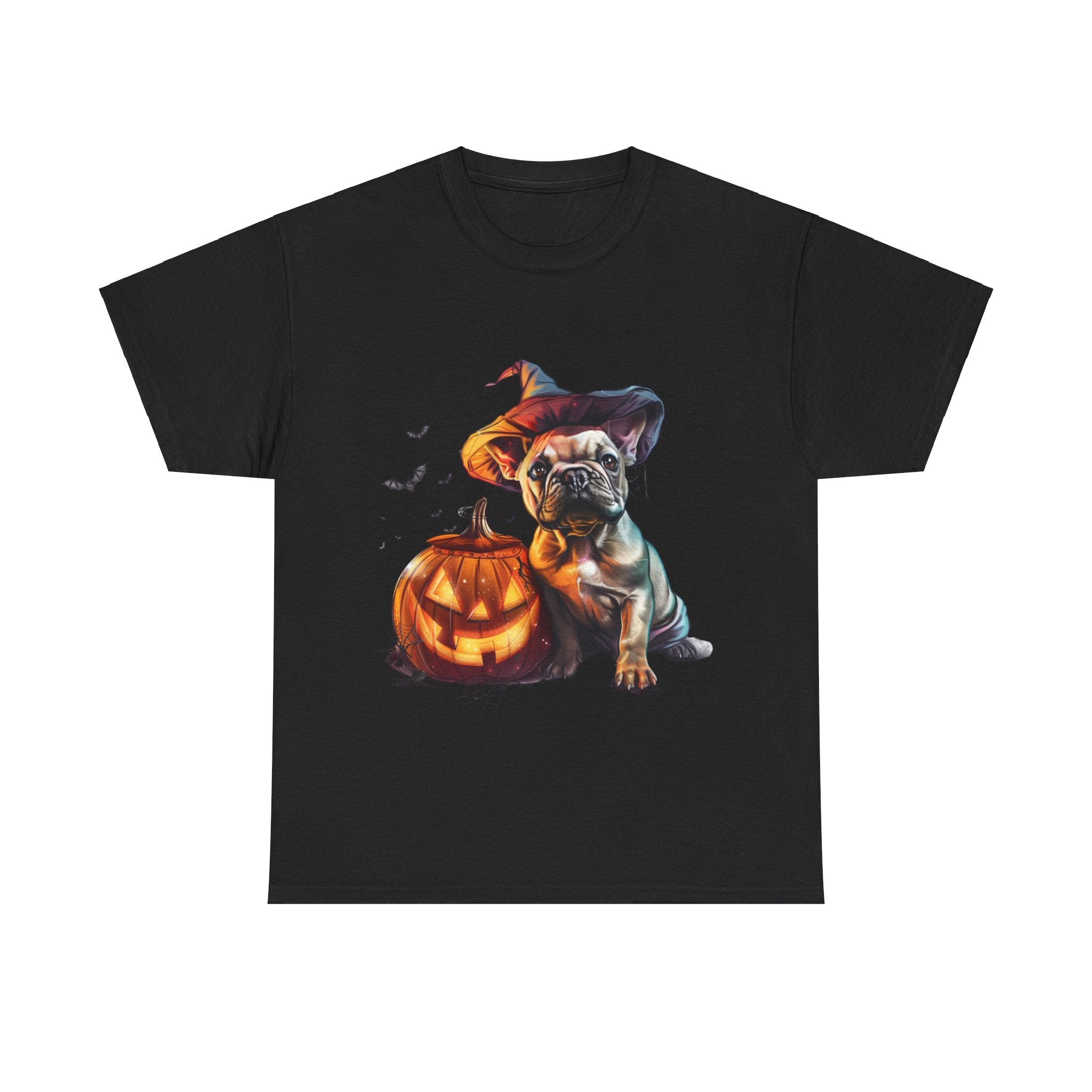 Printify T-Shirt Black / S Halloween French Bulldog with Pumpkin and Witch Hat Unisex Cotton Tee