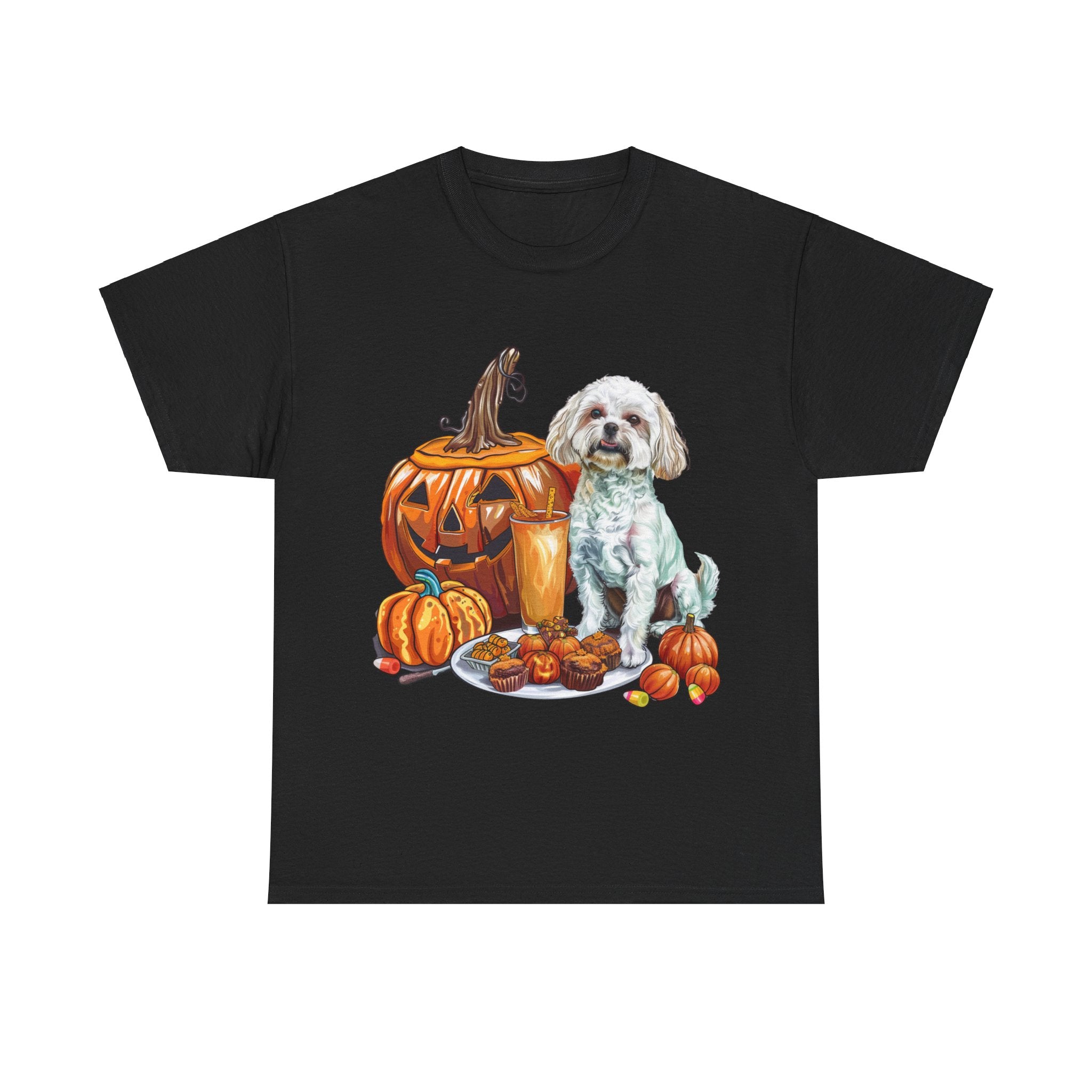 Printify T-Shirt Black / S Maltese Halloween Design with Jack-o'-Lanterns and Festive Pumpkin Treats – Perfect for Dog Lovers