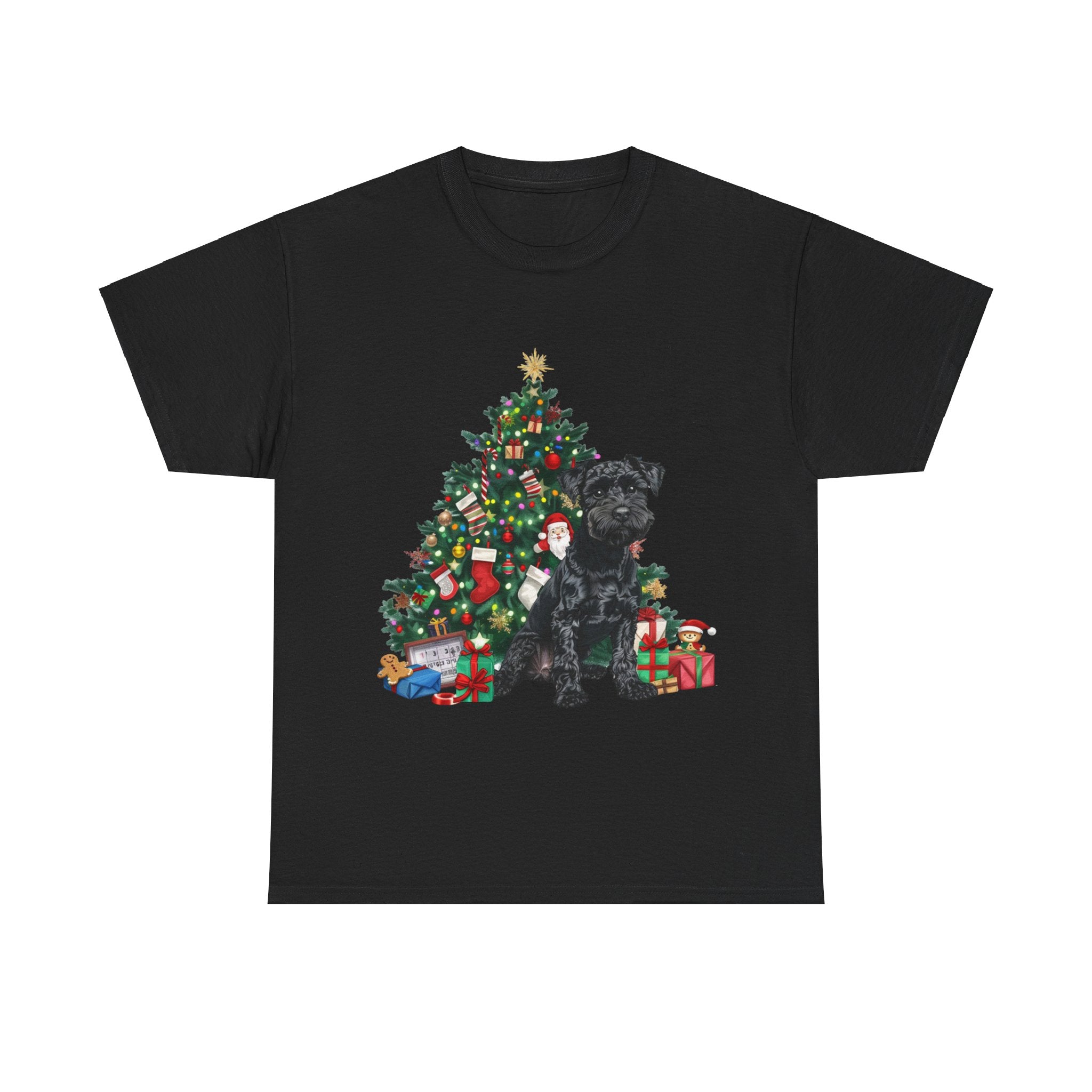 Printify T-Shirt Black / S Miniature Schnauzer with Christmas Tree and Gifts – Festive Holiday Dog Art