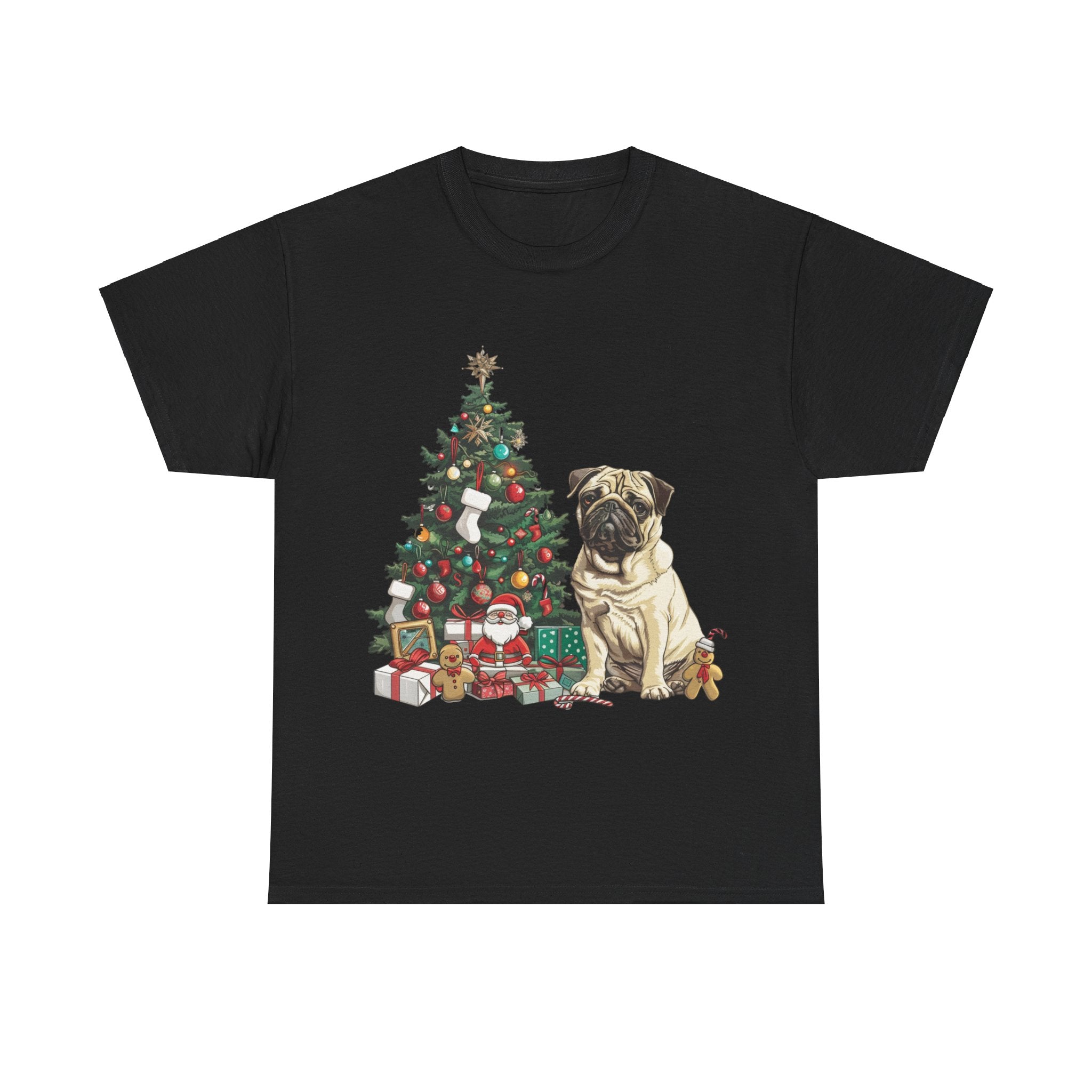 Printify T-Shirt Black / S Pug with Christmas Tree and Gifts – Festive Holiday Dog Art