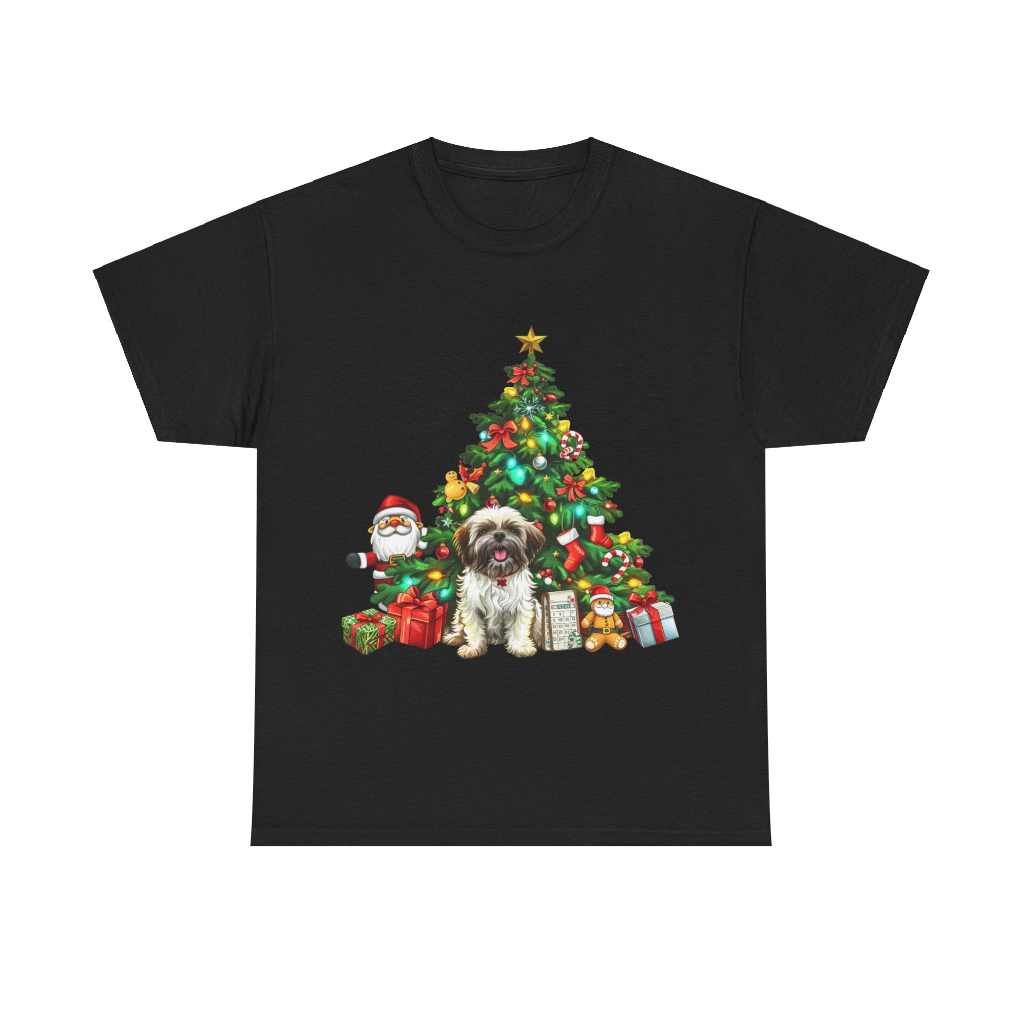 Printify T-Shirt Black / S Shih Tzu with Christmas Tree and Gifts – Festive Holiday Dog Art