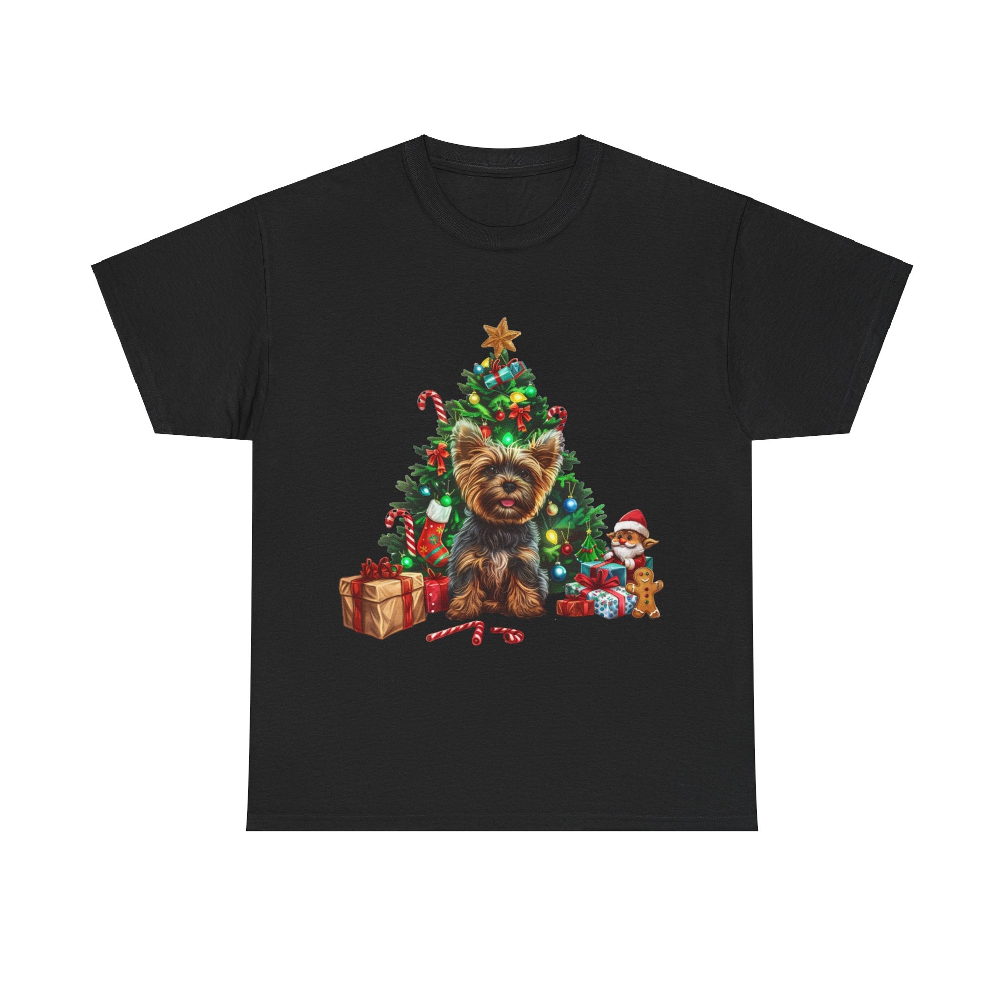 Printify T-Shirt Black / S Yorkshire Terrier with Christmas Tree and Gifts – Festive Holiday Dog Art