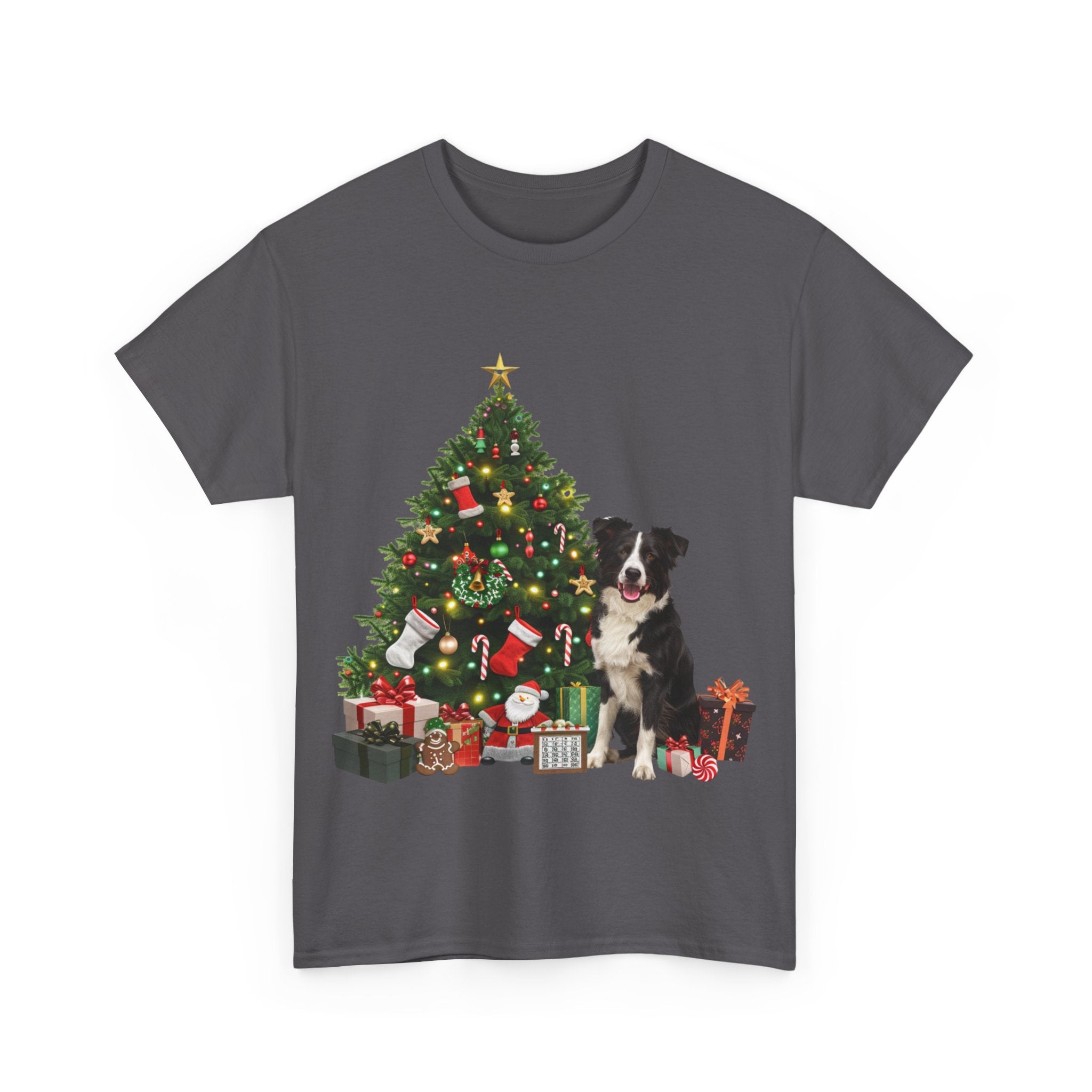 Printify T-Shirt Border Collie with Christmas Tree and Gifts – Festive Holiday Dog Art