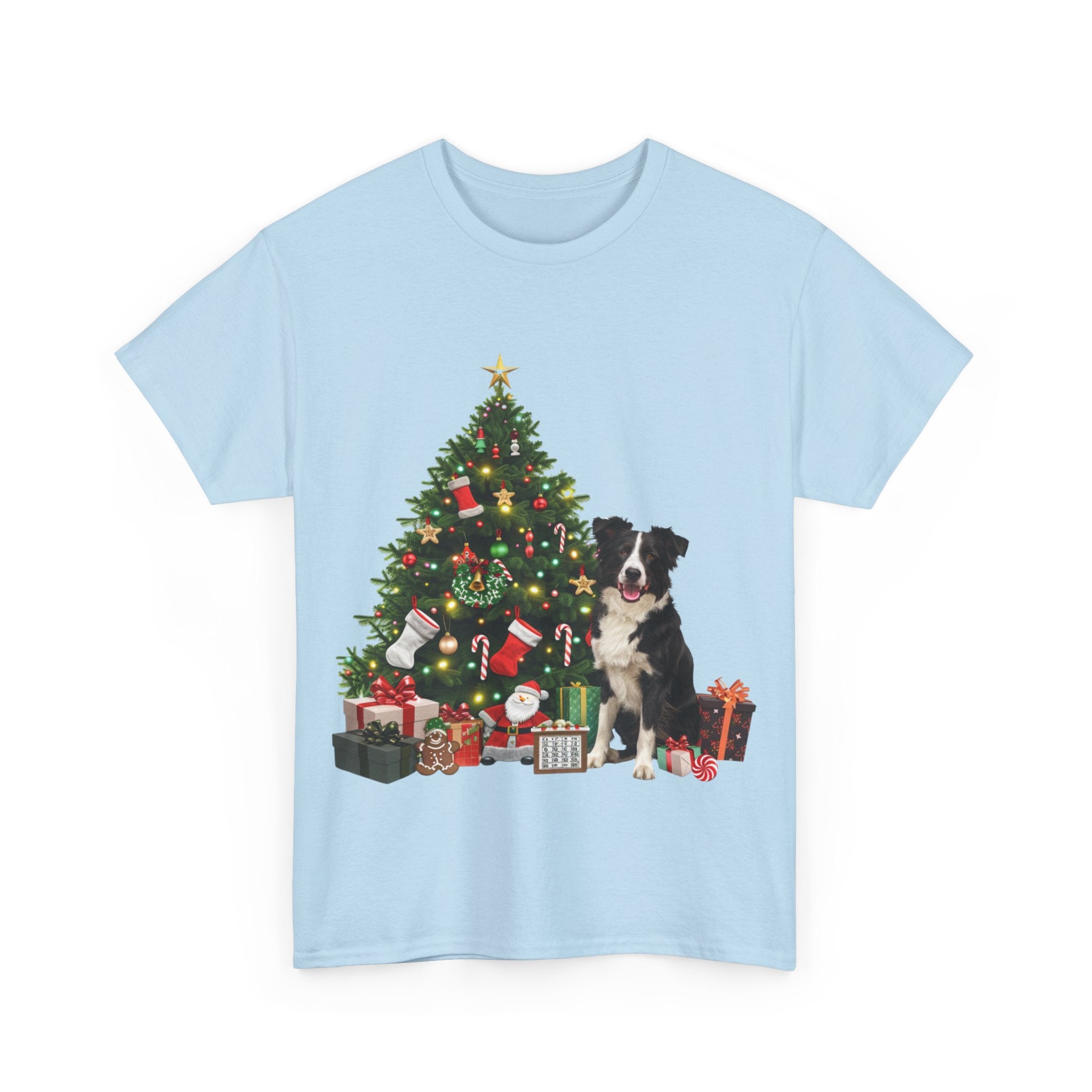 Printify T-Shirt Border Collie with Christmas Tree and Gifts – Festive Holiday Dog Art