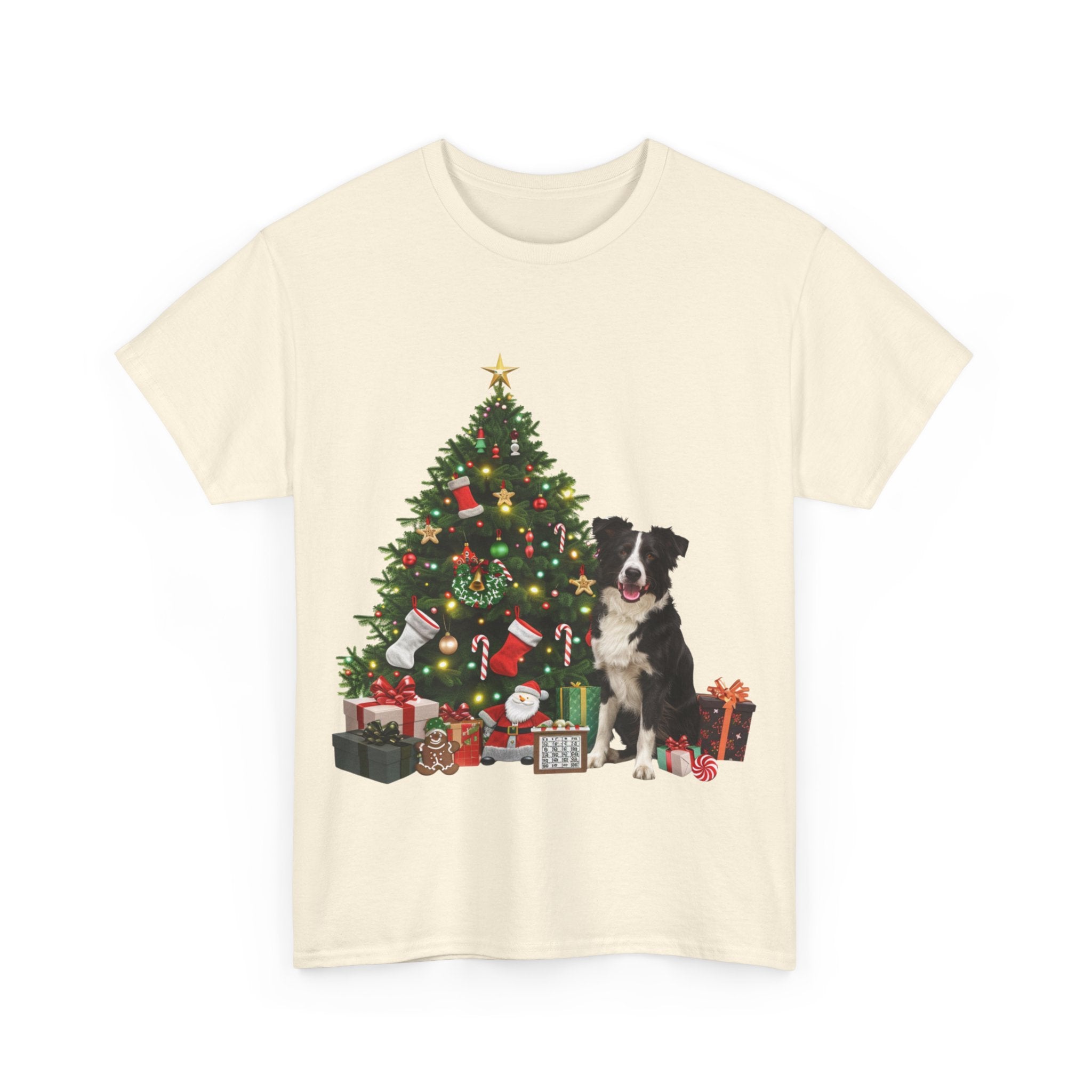 Printify T-Shirt Border Collie with Christmas Tree and Gifts – Festive Holiday Dog Art