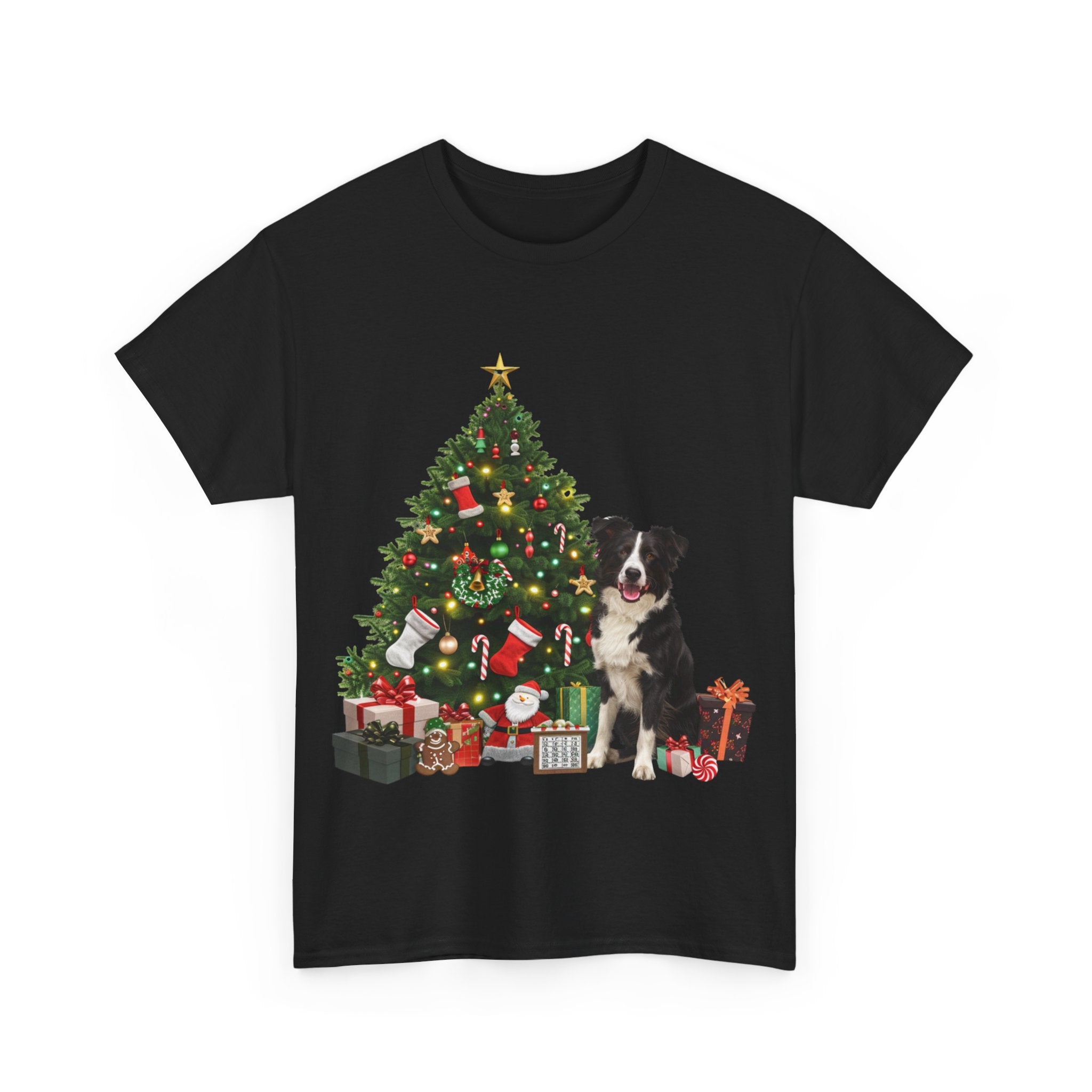 Printify T-Shirt Border Collie with Christmas Tree and Gifts – Festive Holiday Dog Art