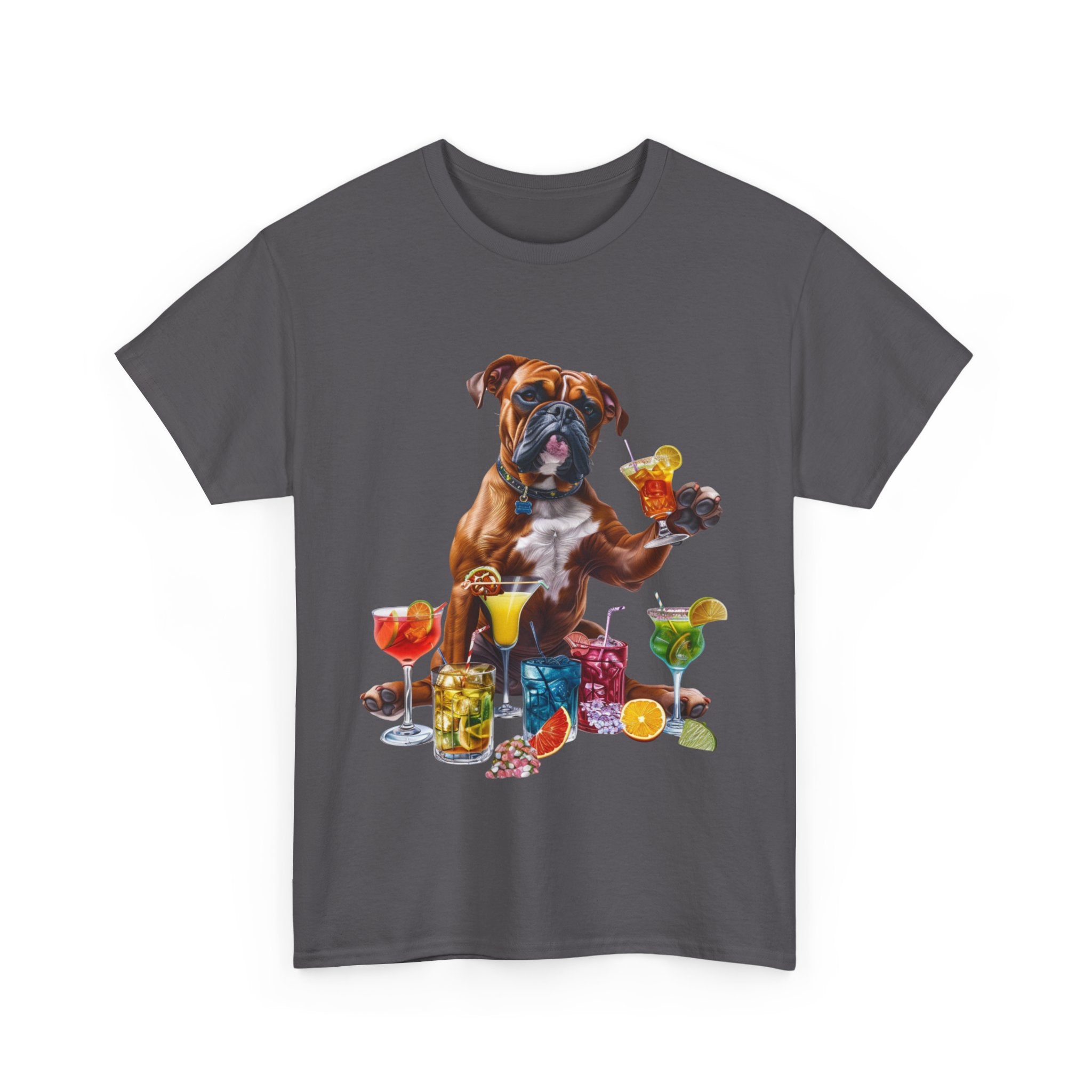 Printify T-Shirt Boxer Dog Cocktail Design with Vibrant Drinks – Fun and Playful for Dog Lovers