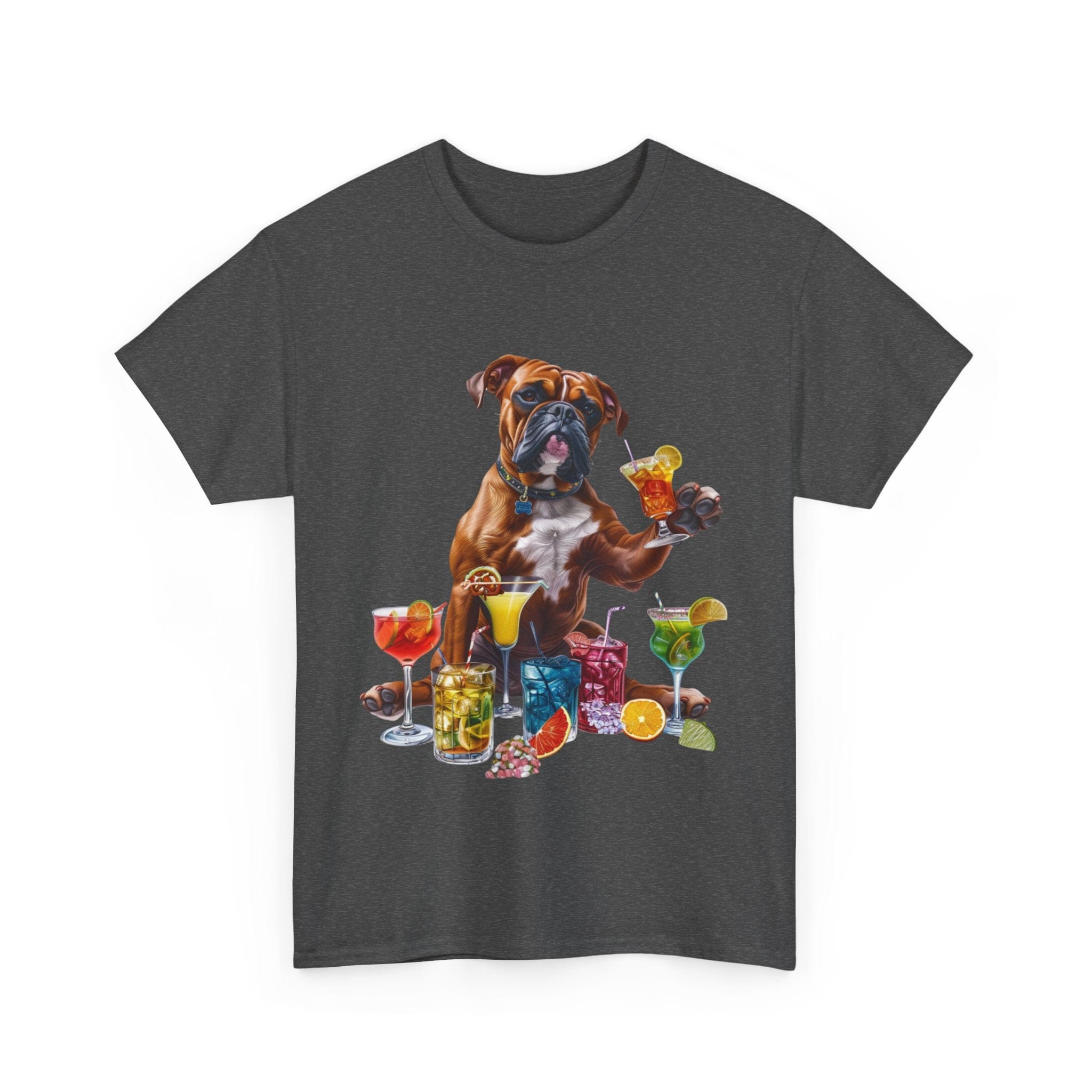 Printify T-Shirt Boxer Dog Cocktail Design with Vibrant Drinks – Fun and Playful for Dog Lovers