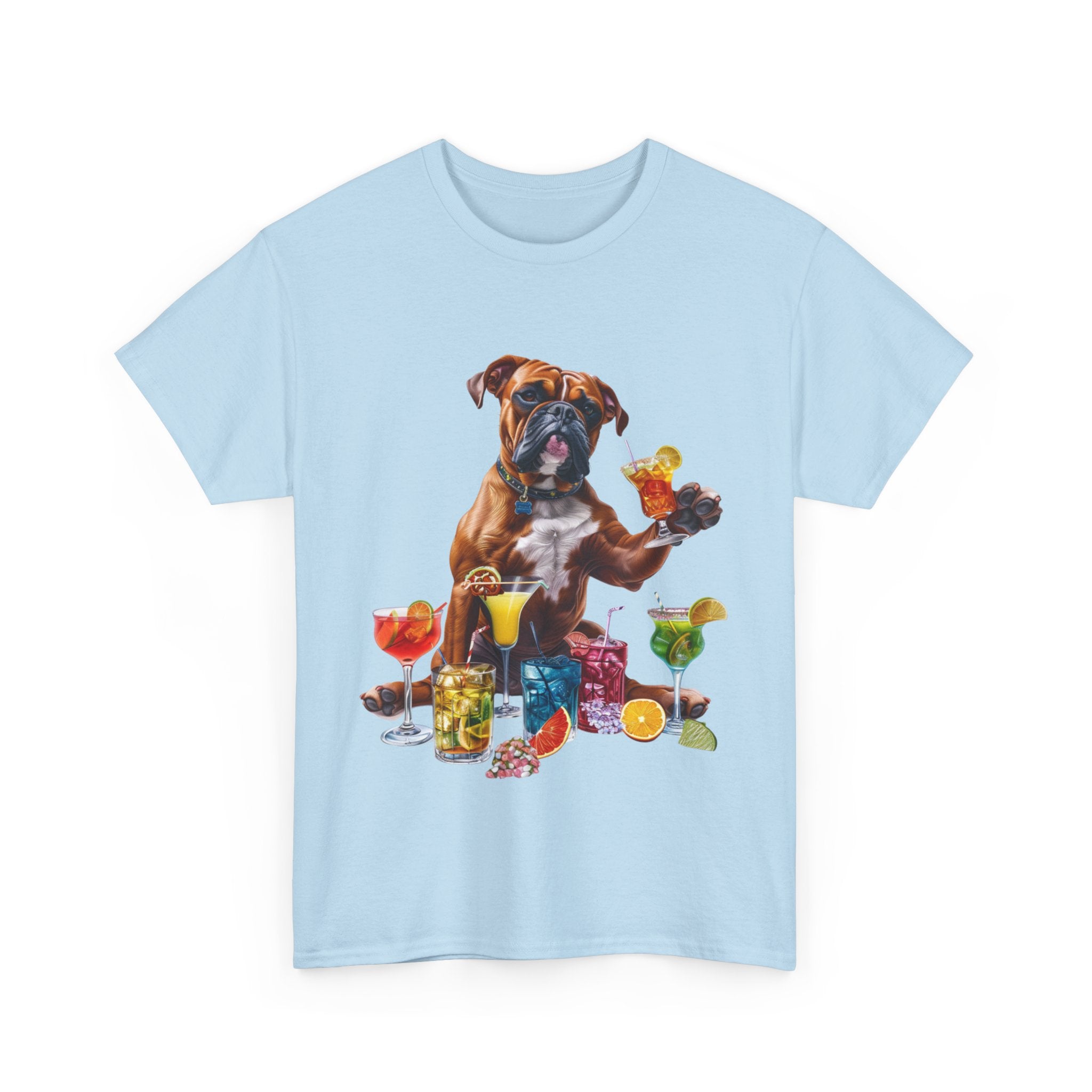 Printify T-Shirt Boxer Dog Cocktail Design with Vibrant Drinks – Fun and Playful for Dog Lovers