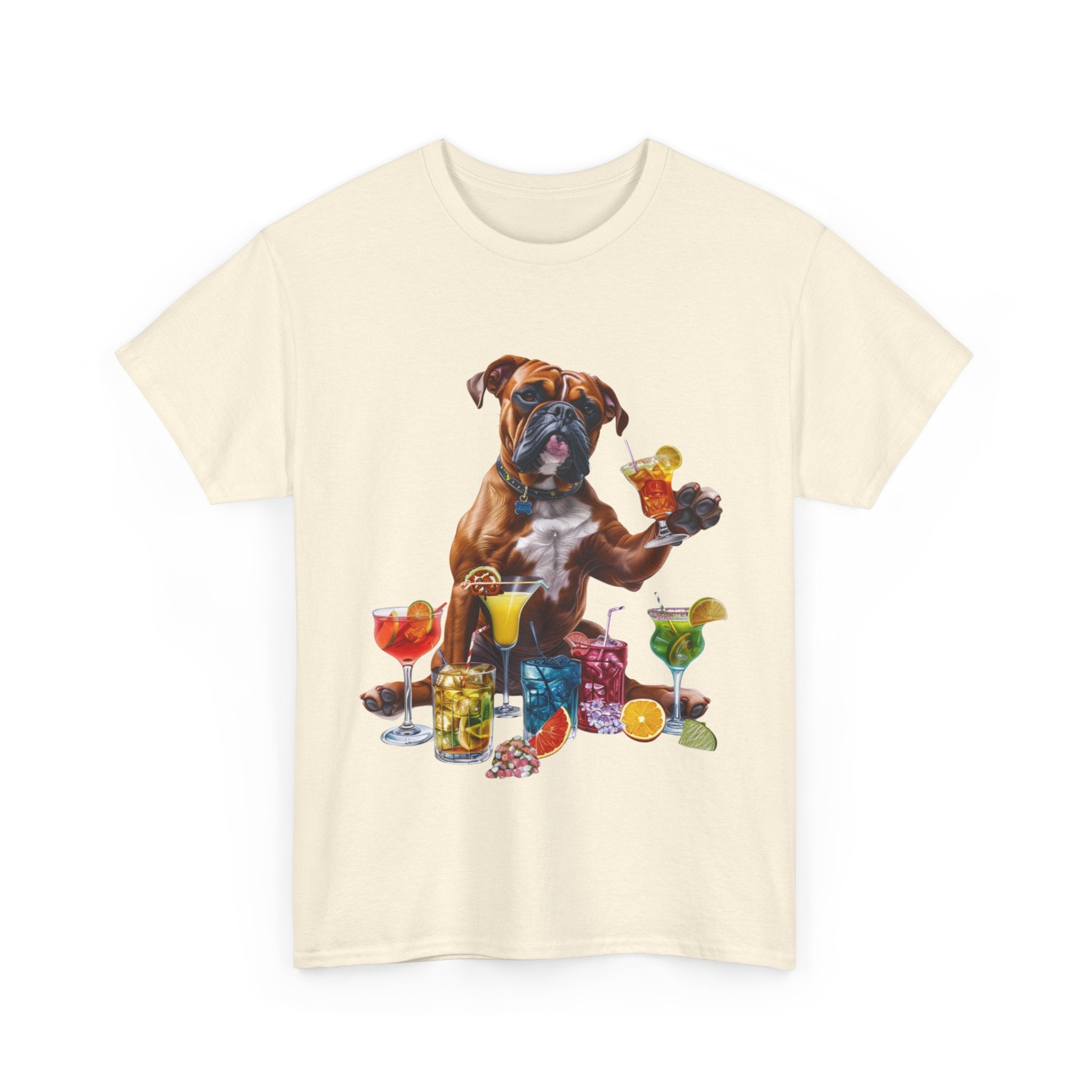 Printify T-Shirt Boxer Dog Cocktail Design with Vibrant Drinks – Fun and Playful for Dog Lovers