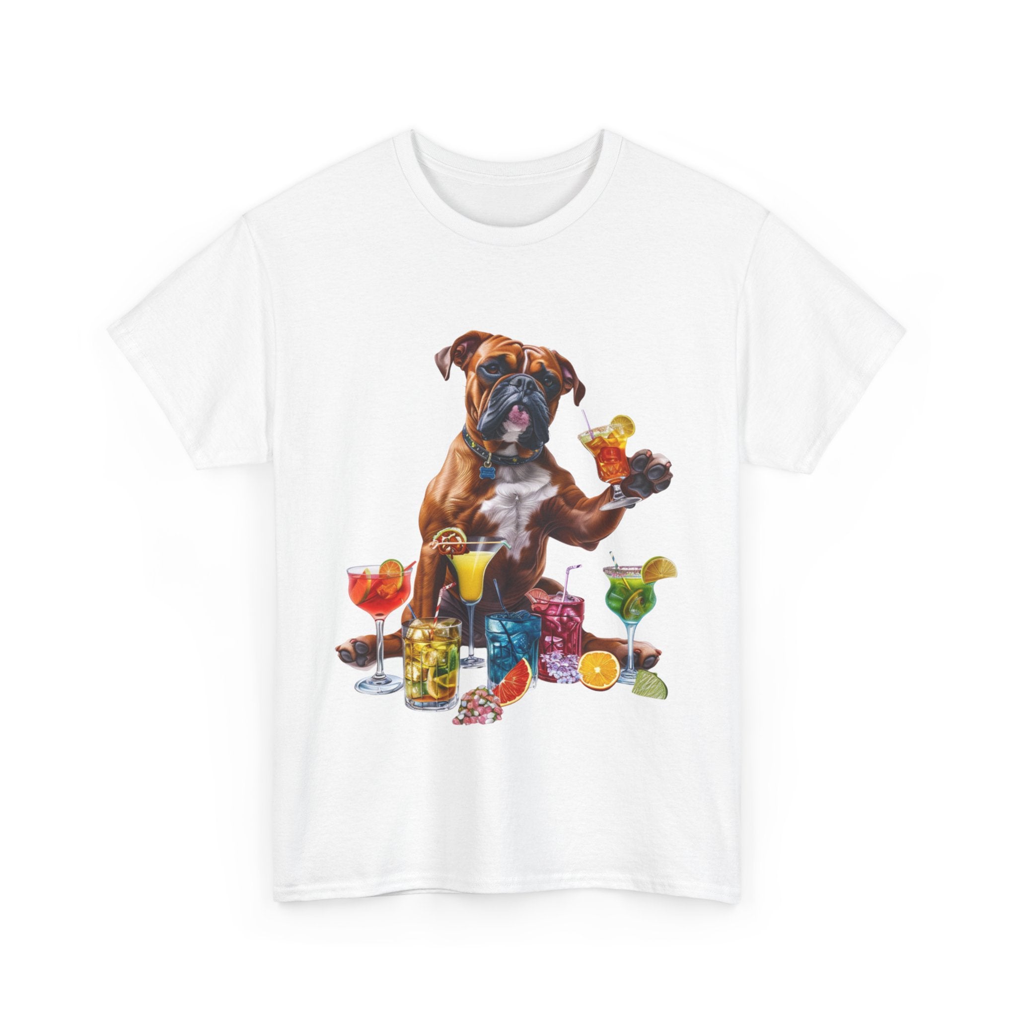 Printify T-Shirt Boxer Dog Cocktail Design with Vibrant Drinks – Fun and Playful for Dog Lovers