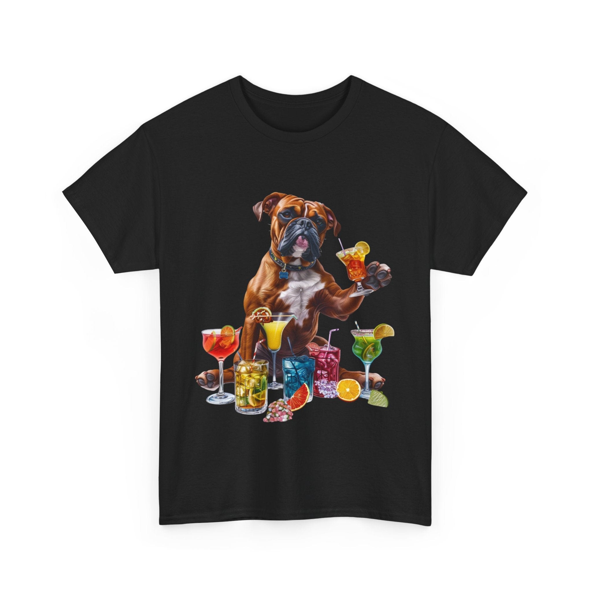 Printify T-Shirt Boxer Dog Cocktail Design with Vibrant Drinks – Fun and Playful for Dog Lovers