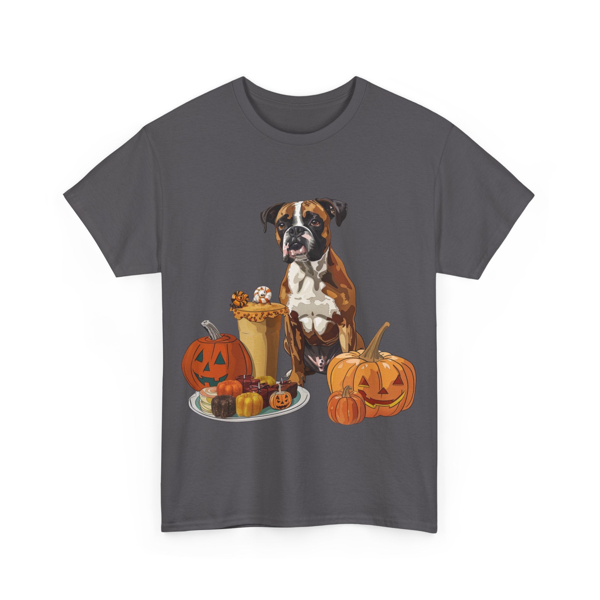 Printify T-Shirt Boxer Halloween Design with Jack-o'-Lanterns and Festive Sweets – Ideal for Dog Lovers