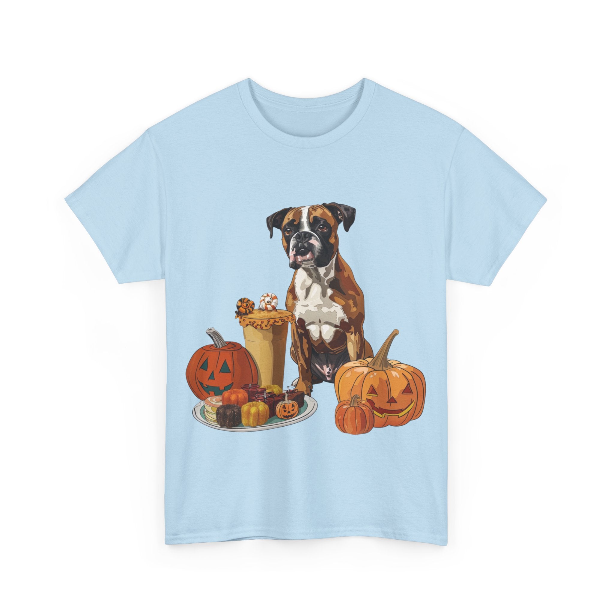 Printify T-Shirt Boxer Halloween Design with Jack-o'-Lanterns and Festive Sweets – Ideal for Dog Lovers