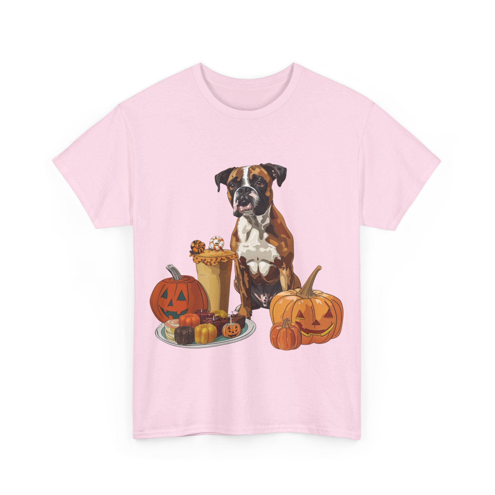 Printify T-Shirt Boxer Halloween Design with Jack-o'-Lanterns and Festive Sweets – Ideal for Dog Lovers