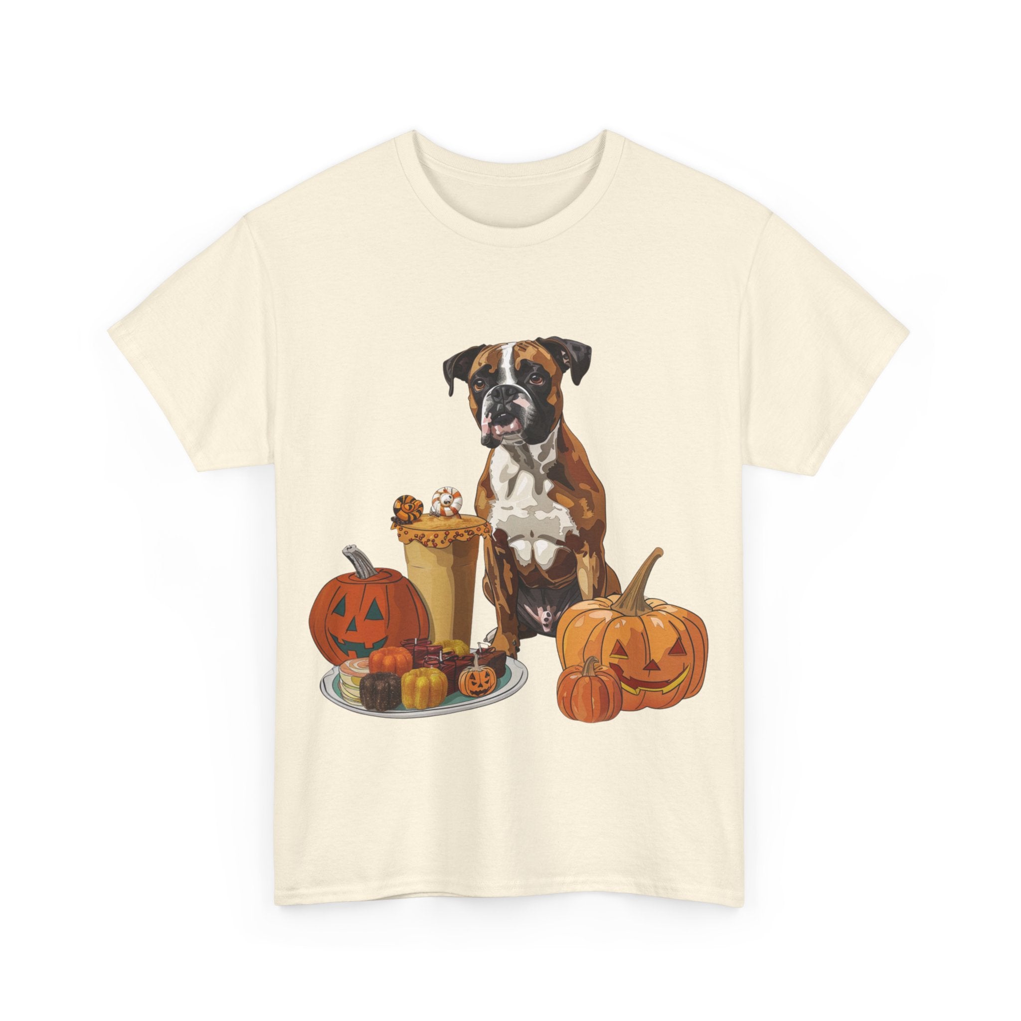 Printify T-Shirt Boxer Halloween Design with Jack-o'-Lanterns and Festive Sweets – Ideal for Dog Lovers