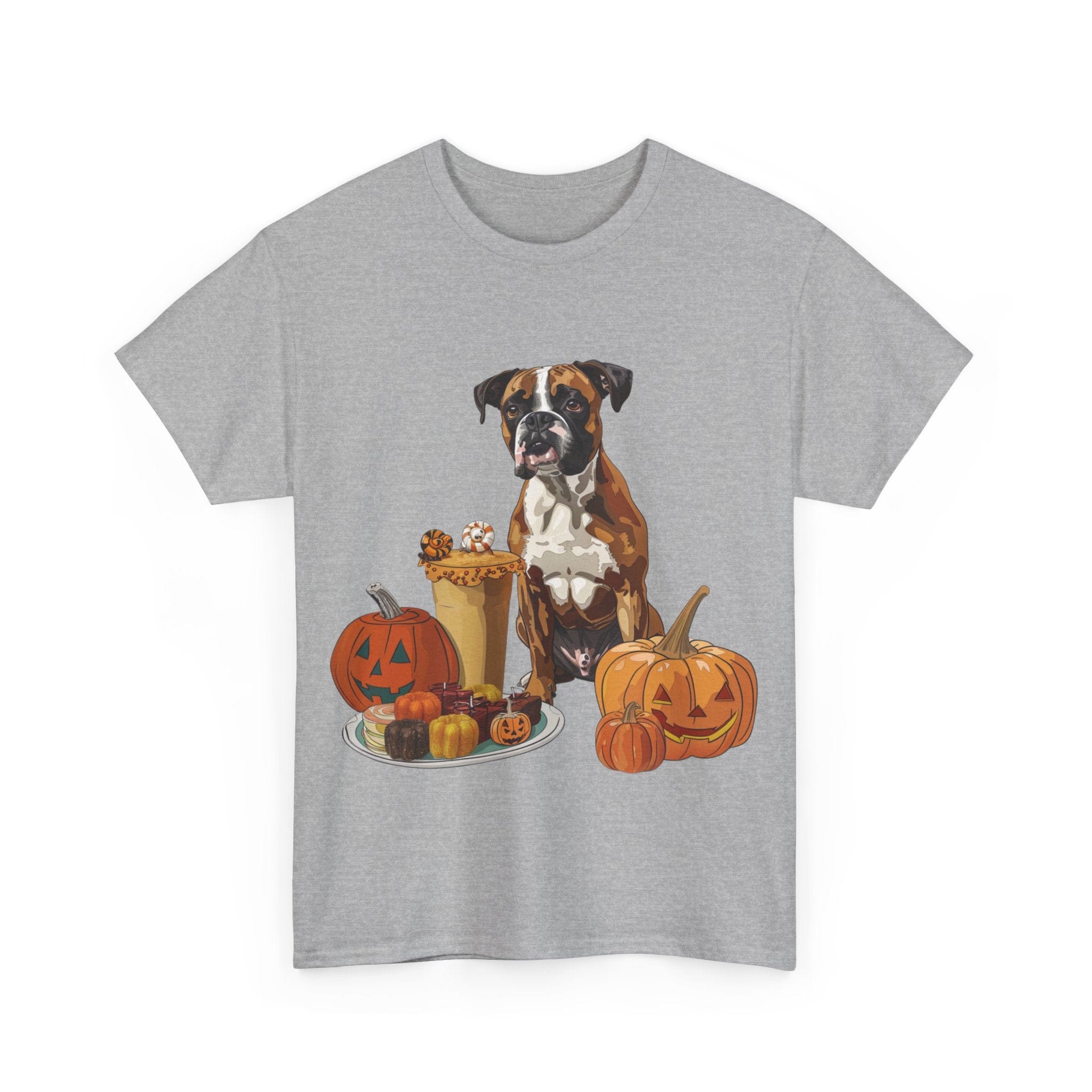 Printify T-Shirt Boxer Halloween Design with Jack-o'-Lanterns and Festive Sweets – Ideal for Dog Lovers