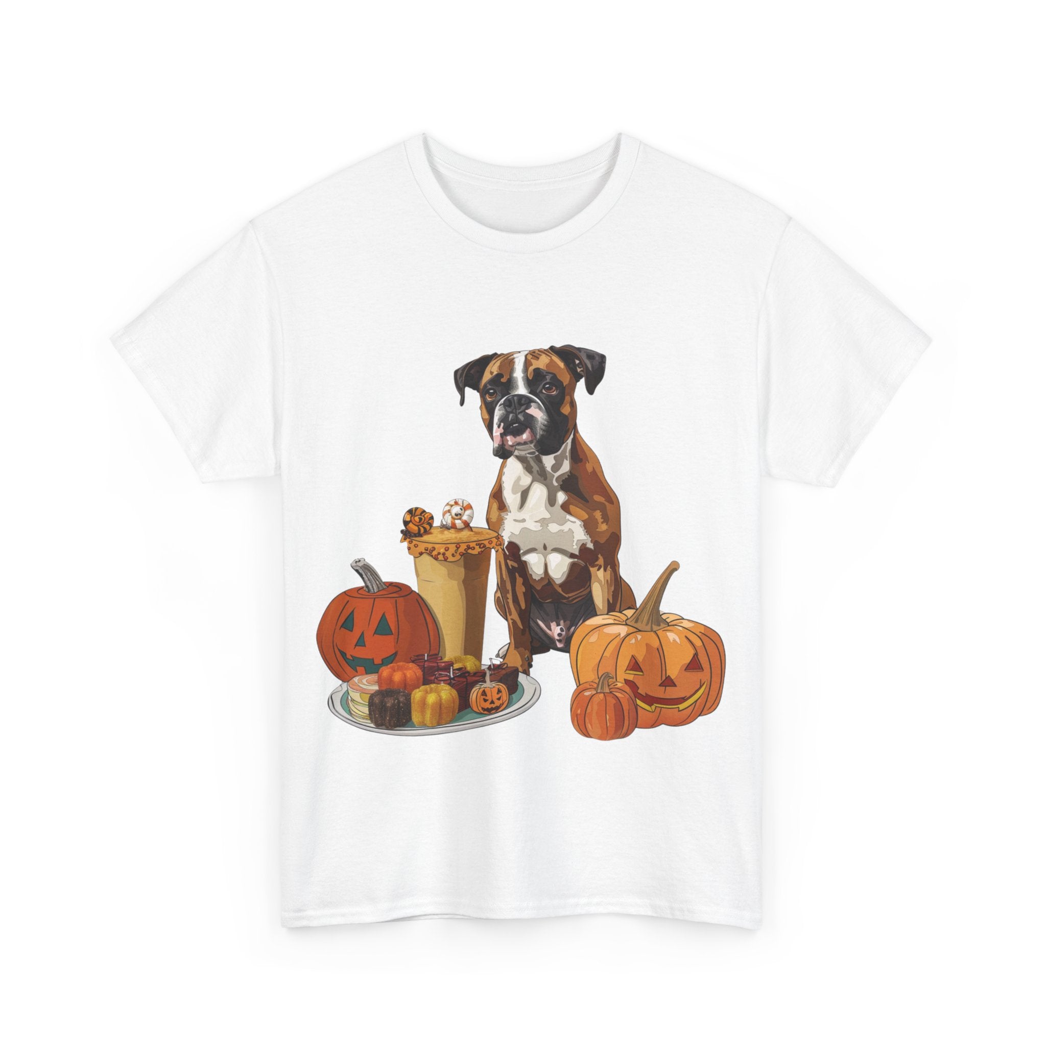 Printify T-Shirt Boxer Halloween Design with Jack-o'-Lanterns and Festive Sweets – Ideal for Dog Lovers