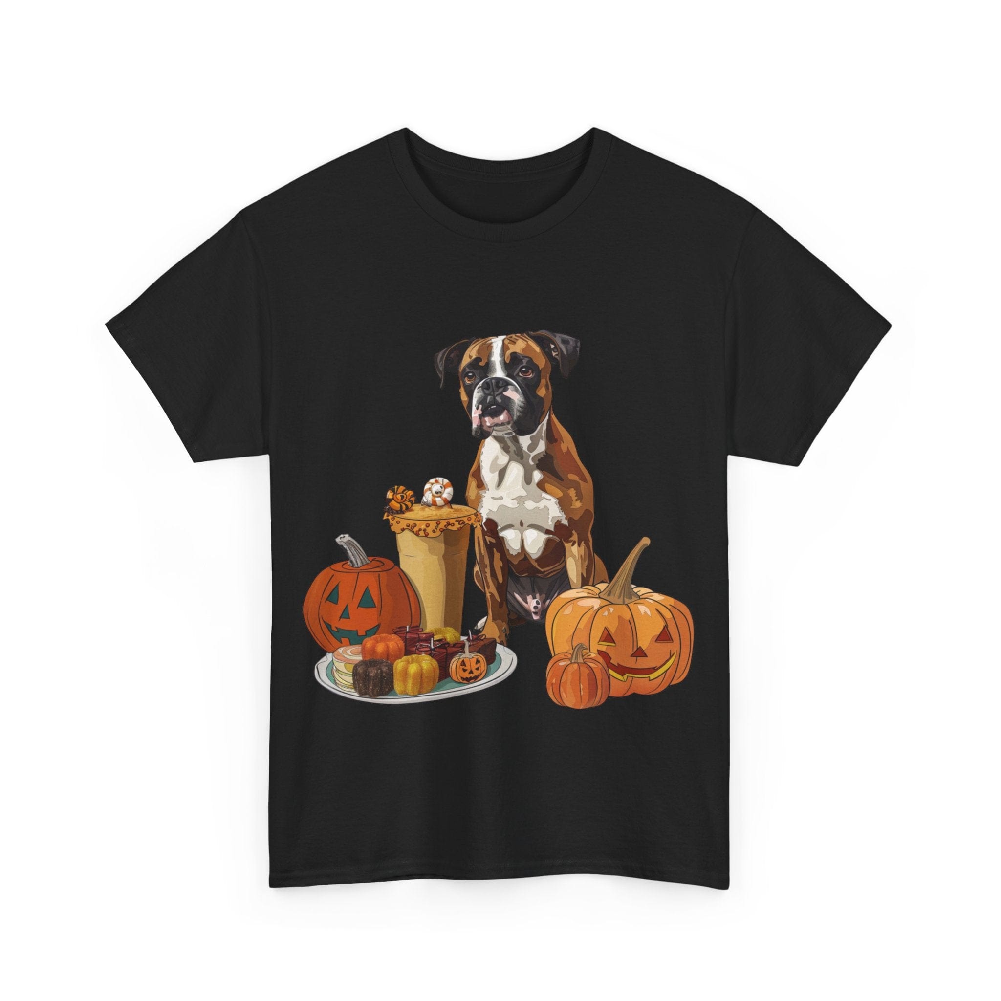 Printify T-Shirt Boxer Halloween Design with Jack-o'-Lanterns and Festive Sweets – Ideal for Dog Lovers