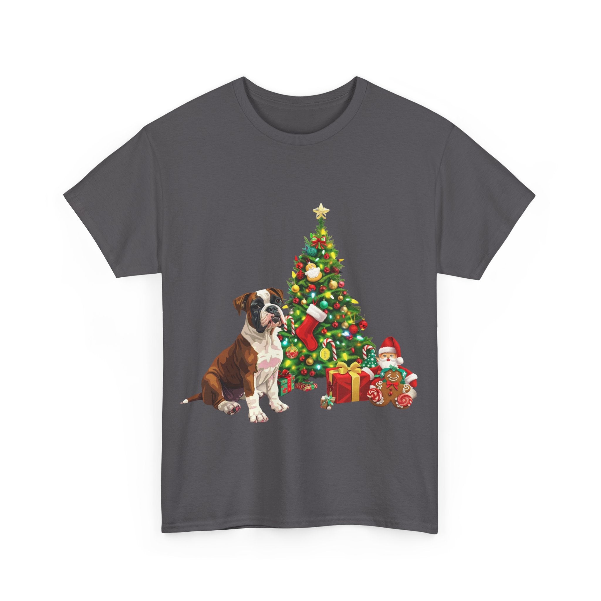 Printify T-Shirt Boxer with Christmas Tree and Gifts – Festive Holiday Dog Art