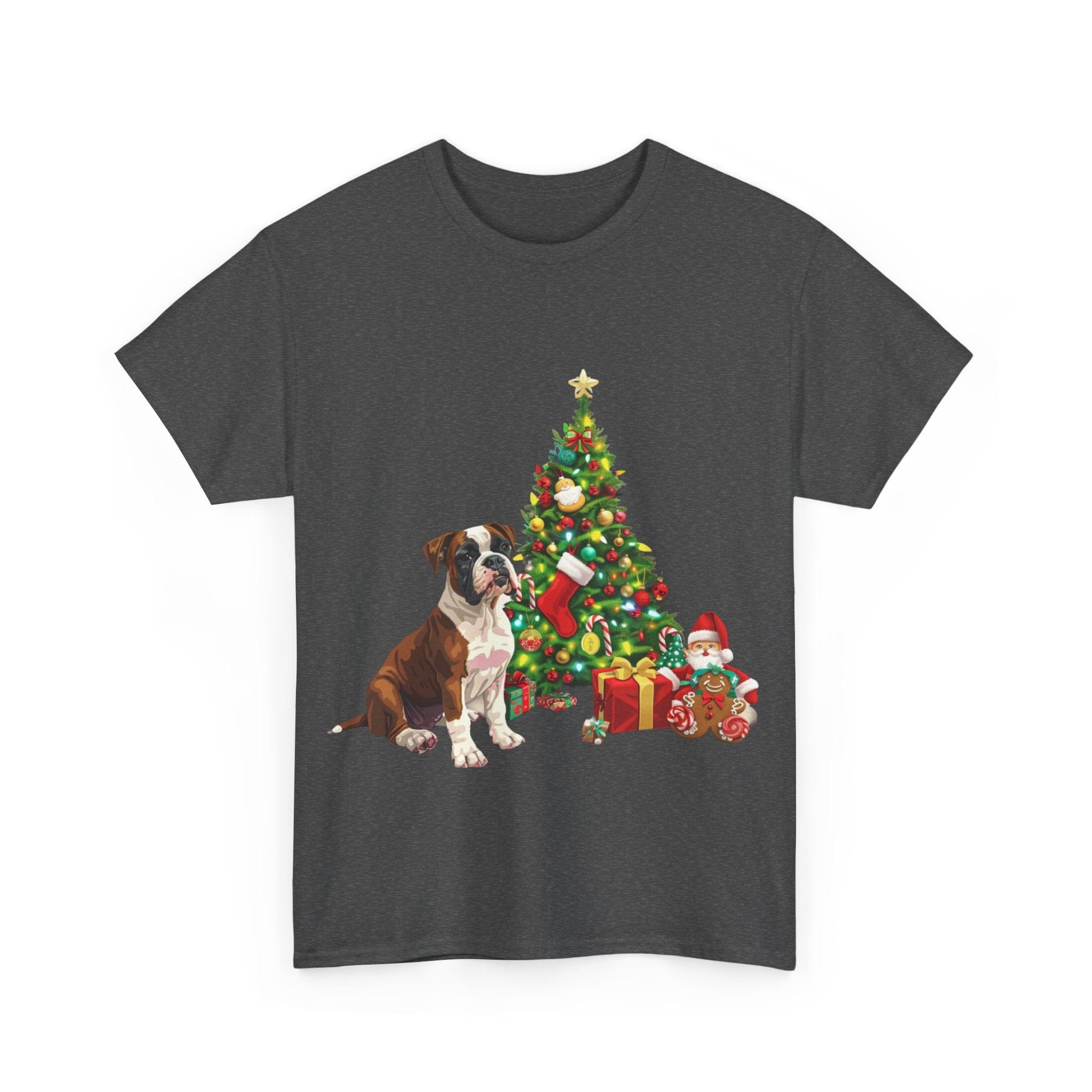 Printify T-Shirt Boxer with Christmas Tree and Gifts – Festive Holiday Dog Art