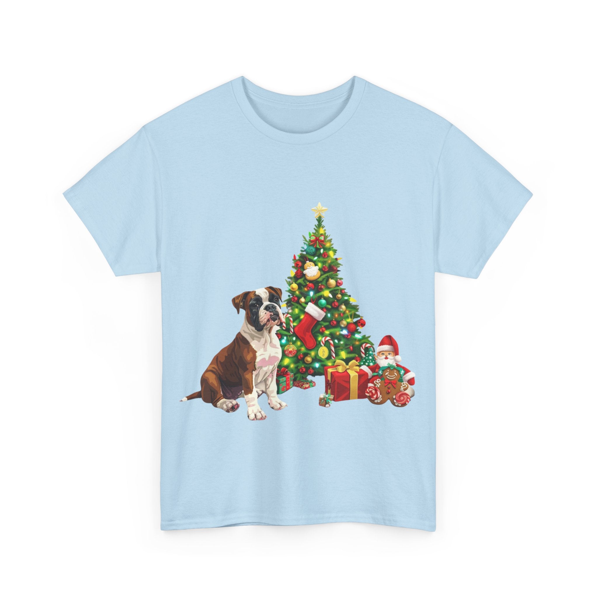 Printify T-Shirt Boxer with Christmas Tree and Gifts – Festive Holiday Dog Art