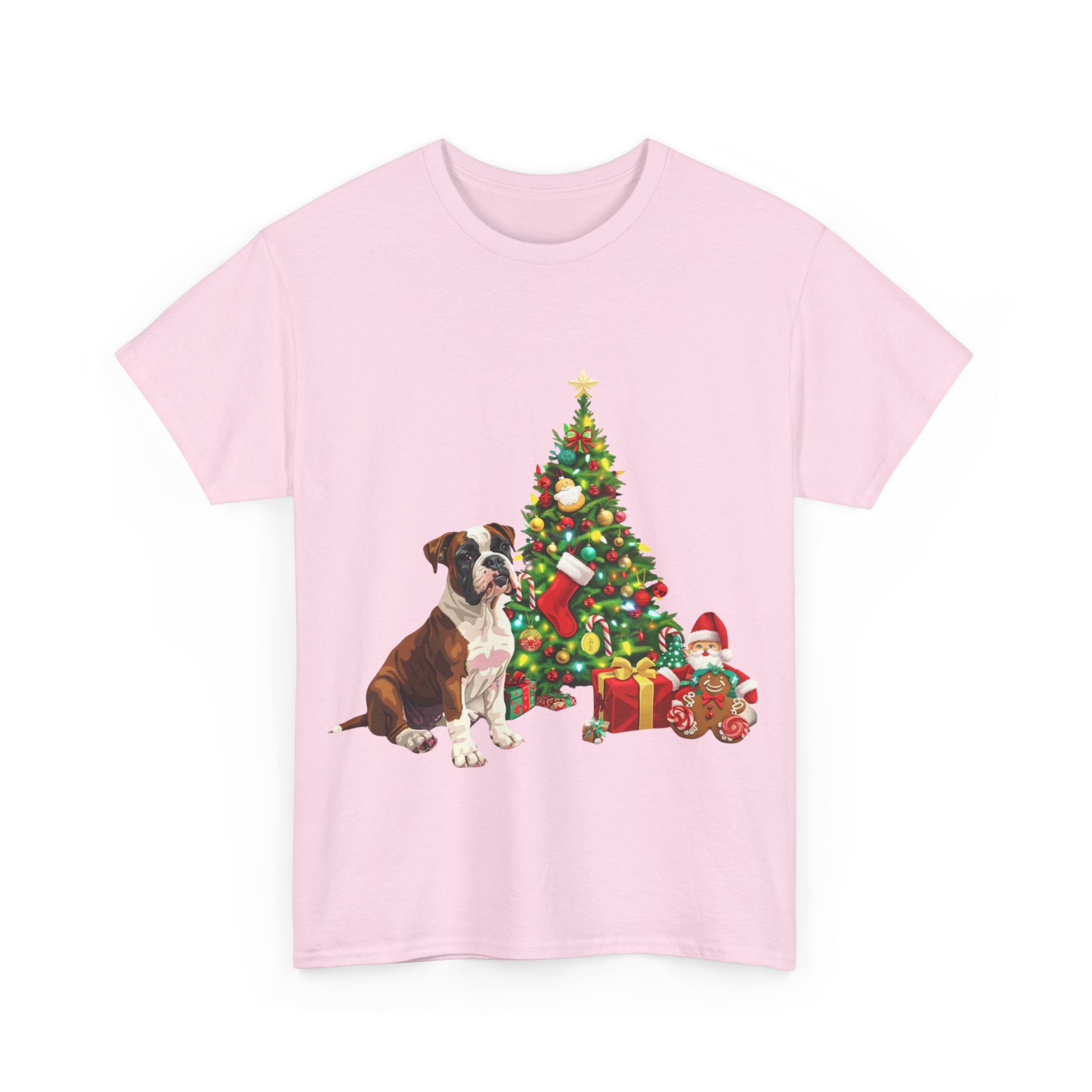 Printify T-Shirt Boxer with Christmas Tree and Gifts – Festive Holiday Dog Art