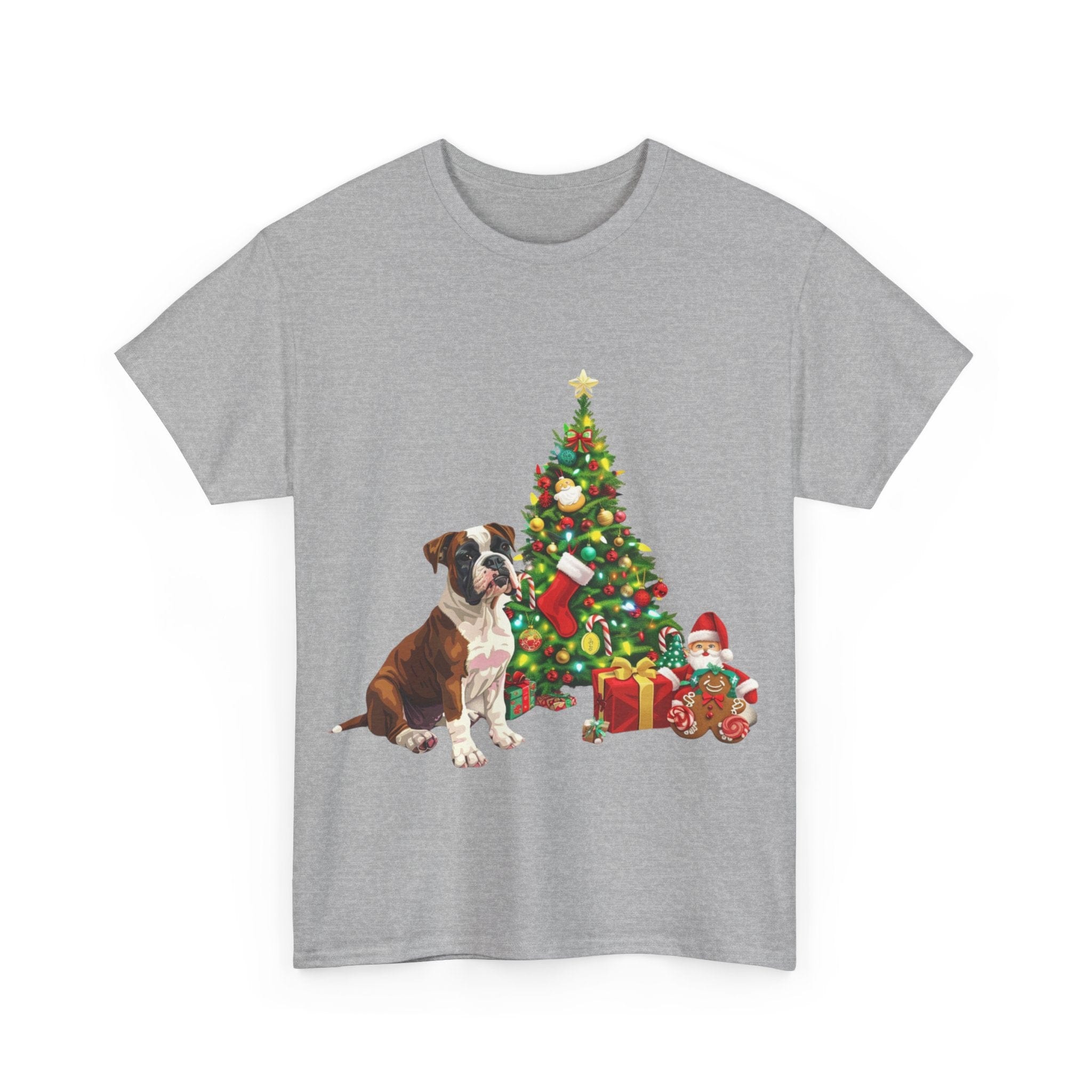 Printify T-Shirt Boxer with Christmas Tree and Gifts – Festive Holiday Dog Art