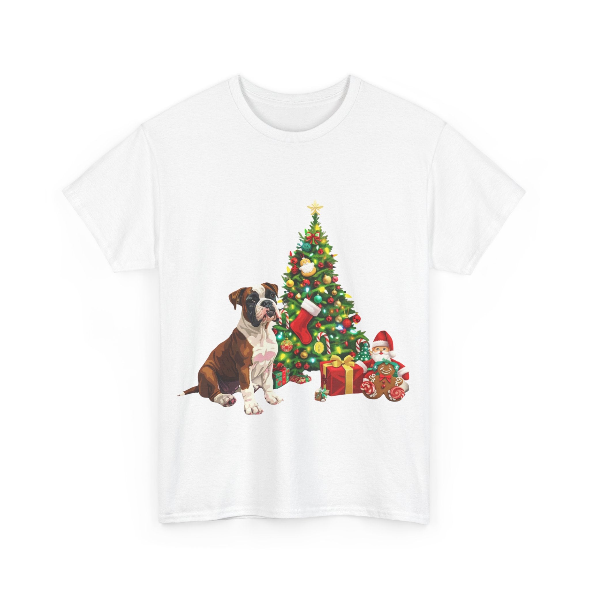 Printify T-Shirt Boxer with Christmas Tree and Gifts – Festive Holiday Dog Art