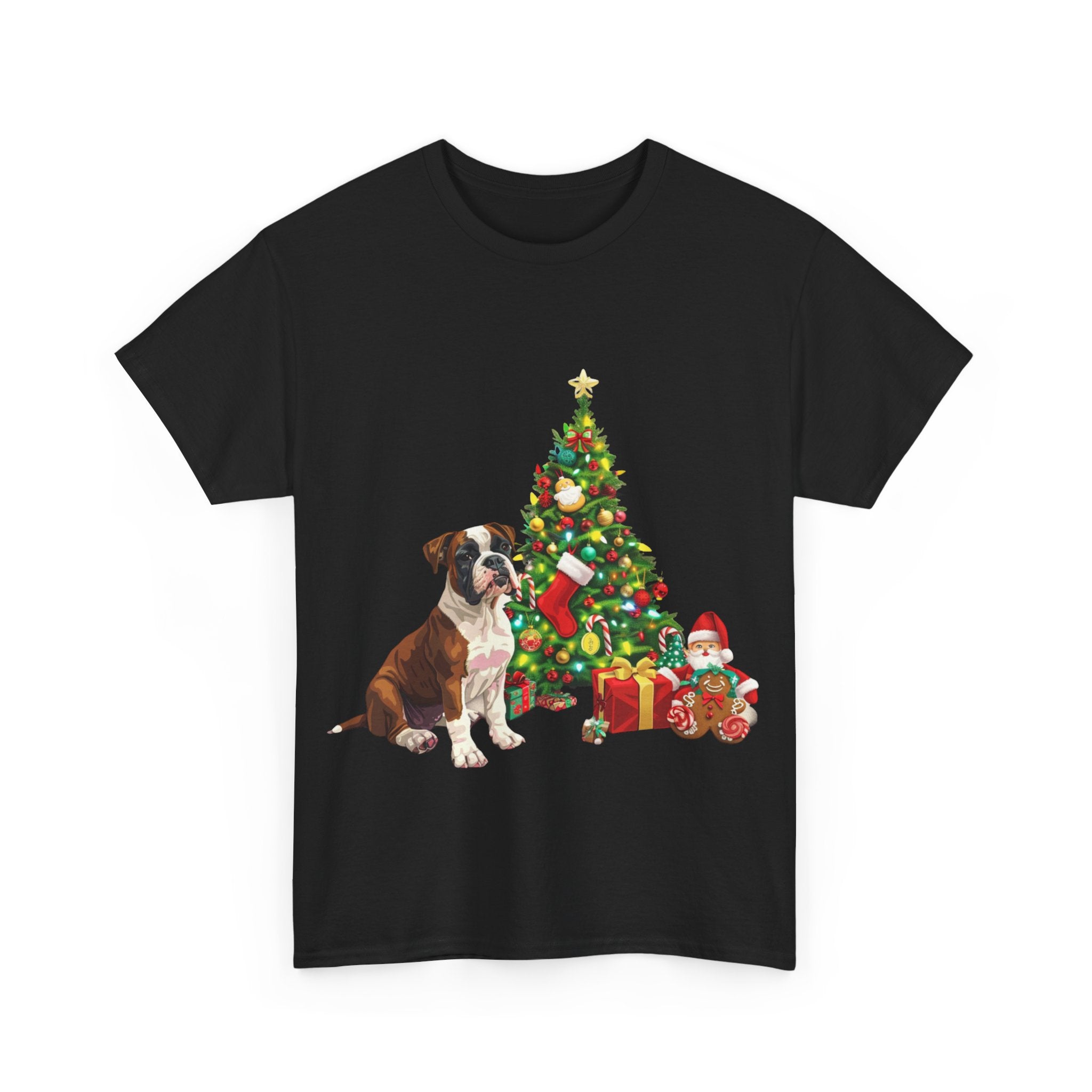 Printify T-Shirt Boxer with Christmas Tree and Gifts – Festive Holiday Dog Art