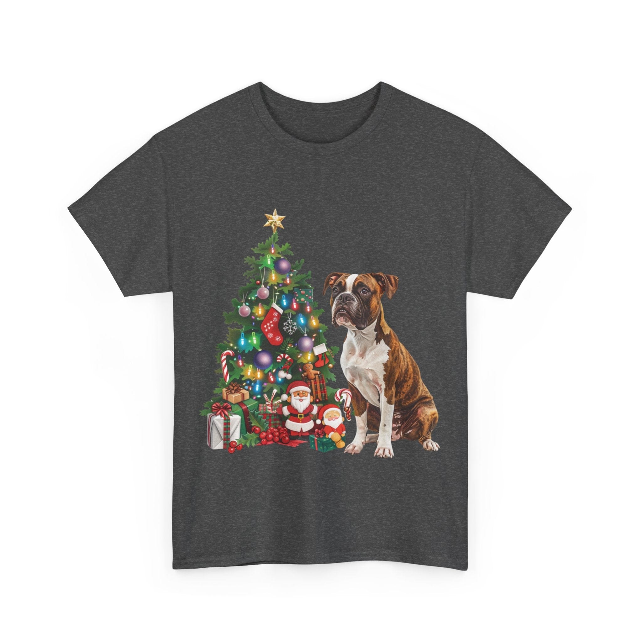 Printify T-Shirt Boxer with Christmas Tree and Santa – Festive Holiday Dog Art