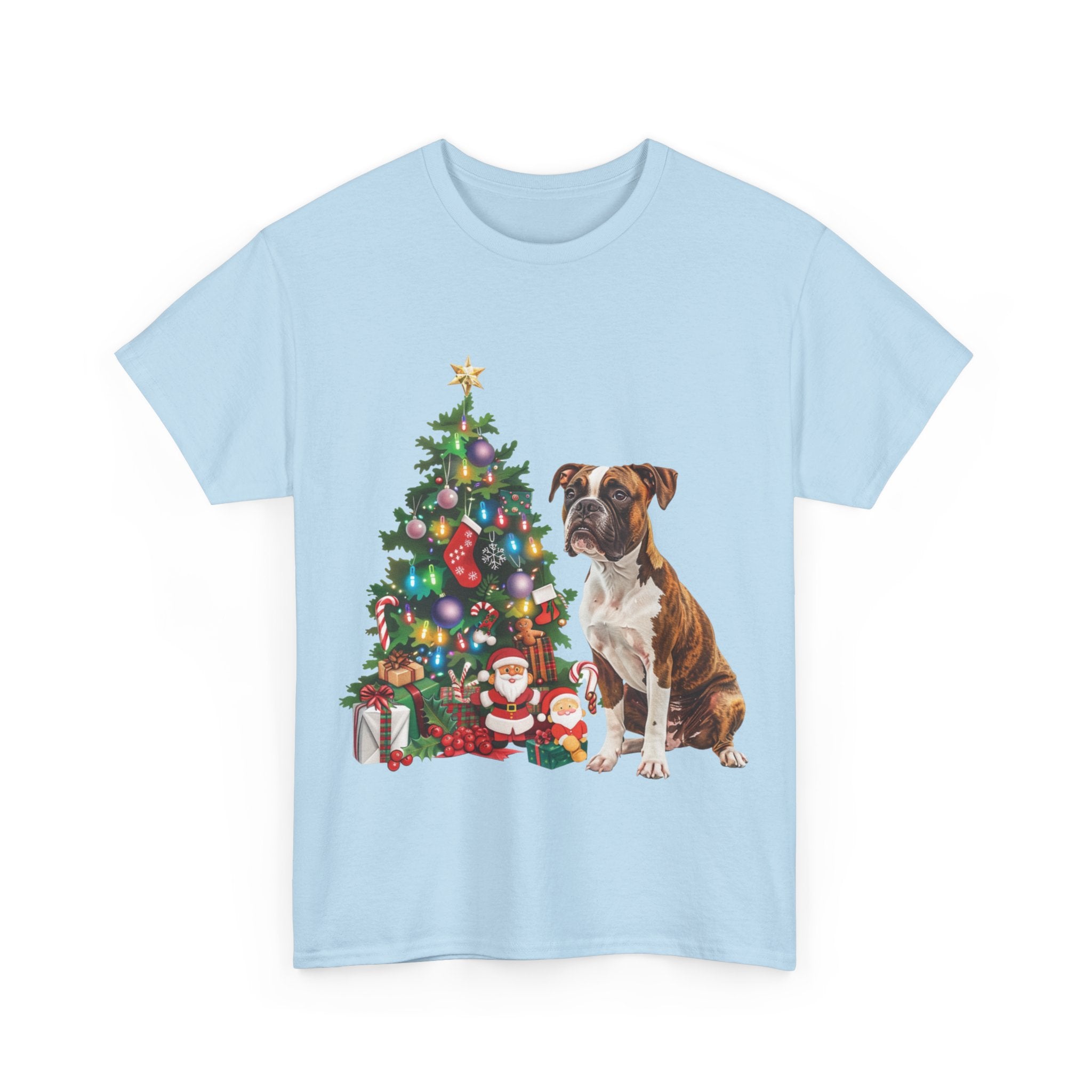 Printify T-Shirt Boxer with Christmas Tree and Santa – Festive Holiday Dog Art