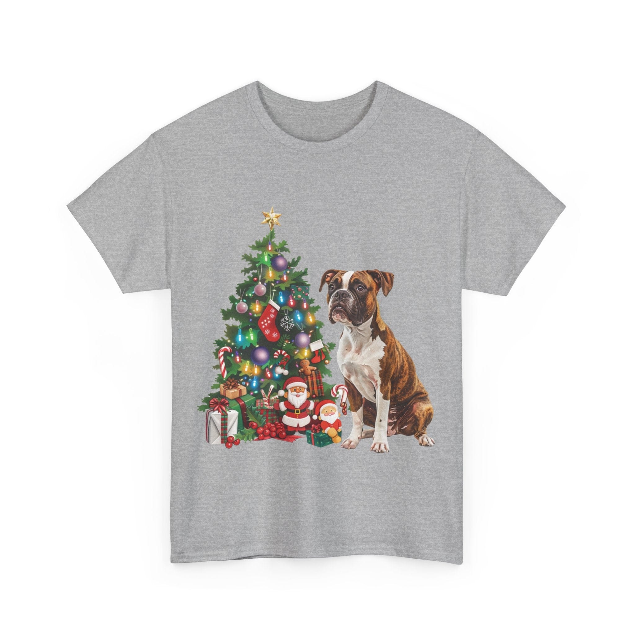 Printify T-Shirt Boxer with Christmas Tree and Santa – Festive Holiday Dog Art