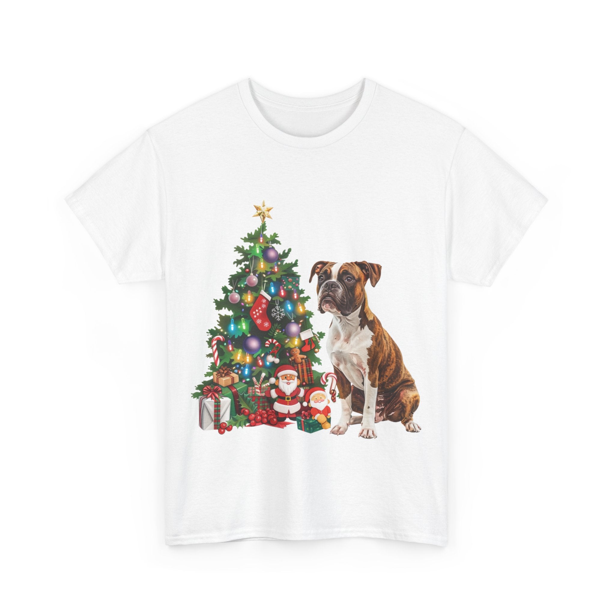 Printify T-Shirt Boxer with Christmas Tree and Santa – Festive Holiday Dog Art