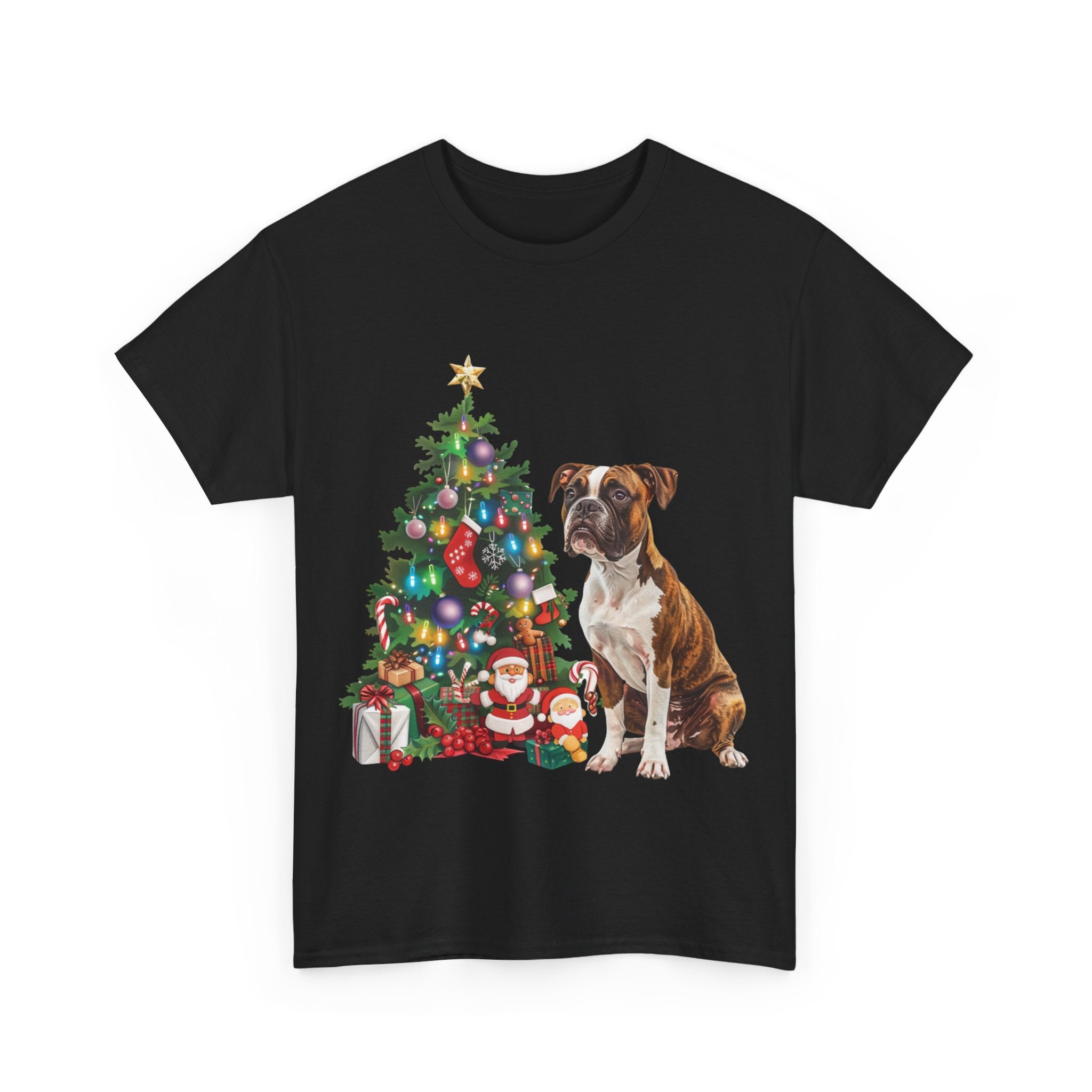 Printify T-Shirt Boxer with Christmas Tree and Santa – Festive Holiday Dog Art