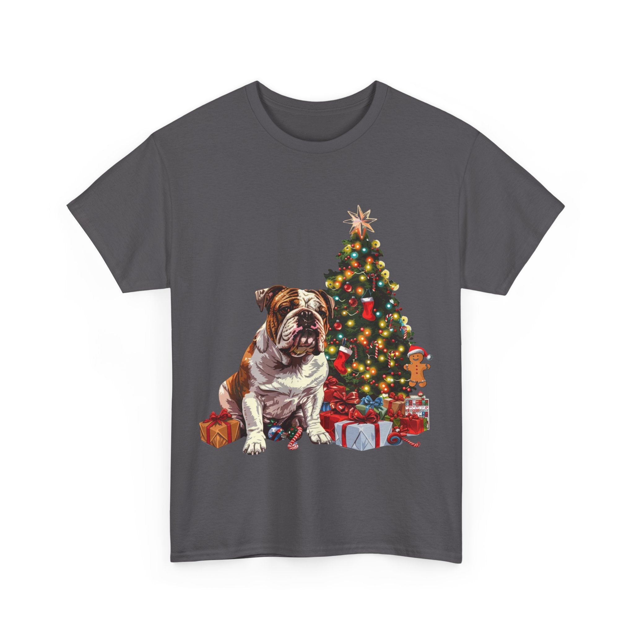 Printify T-Shirt Bulldog with Christmas Tree and Gifts – Festive Holiday Dog Art