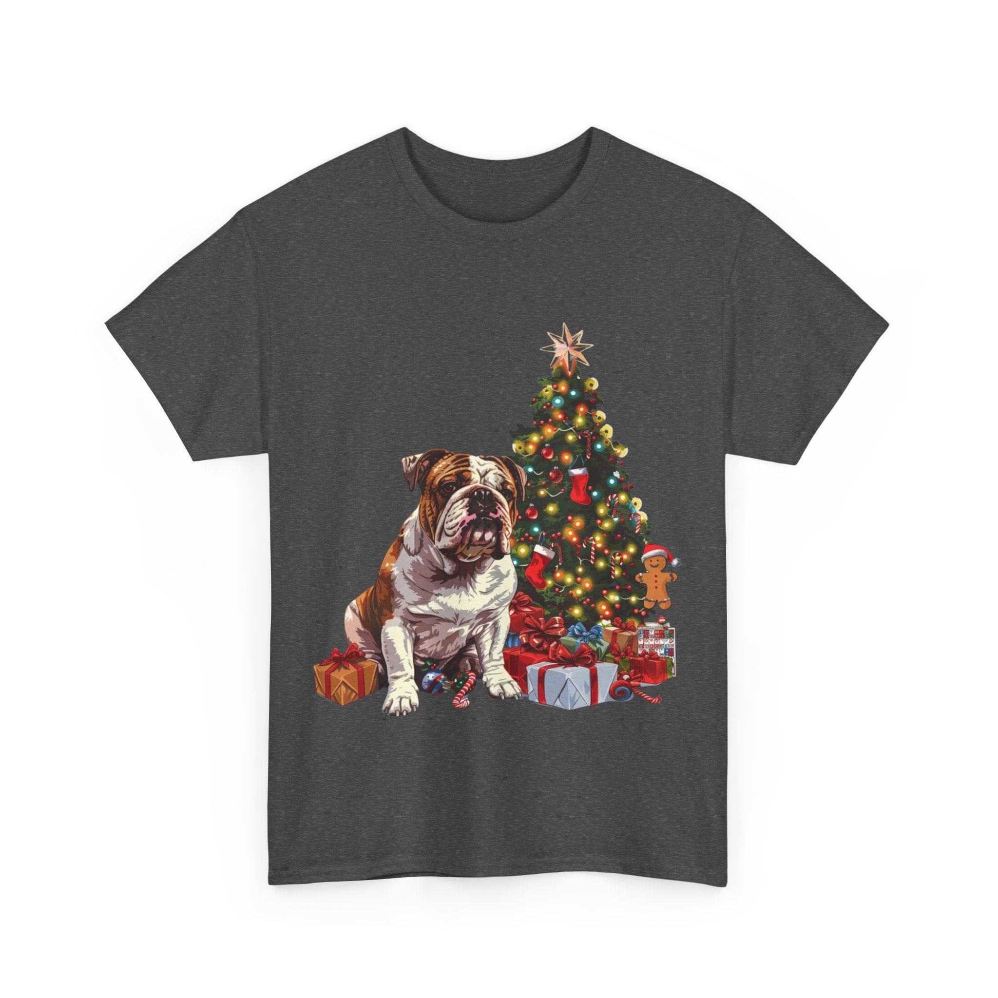 Printify T-Shirt Bulldog with Christmas Tree and Gifts – Festive Holiday Dog Art