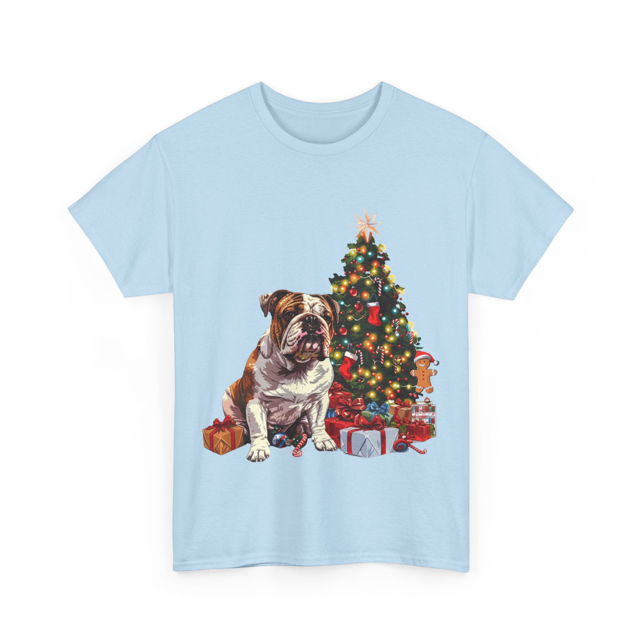 Printify T-Shirt Bulldog with Christmas Tree and Gifts – Festive Holiday Dog Art