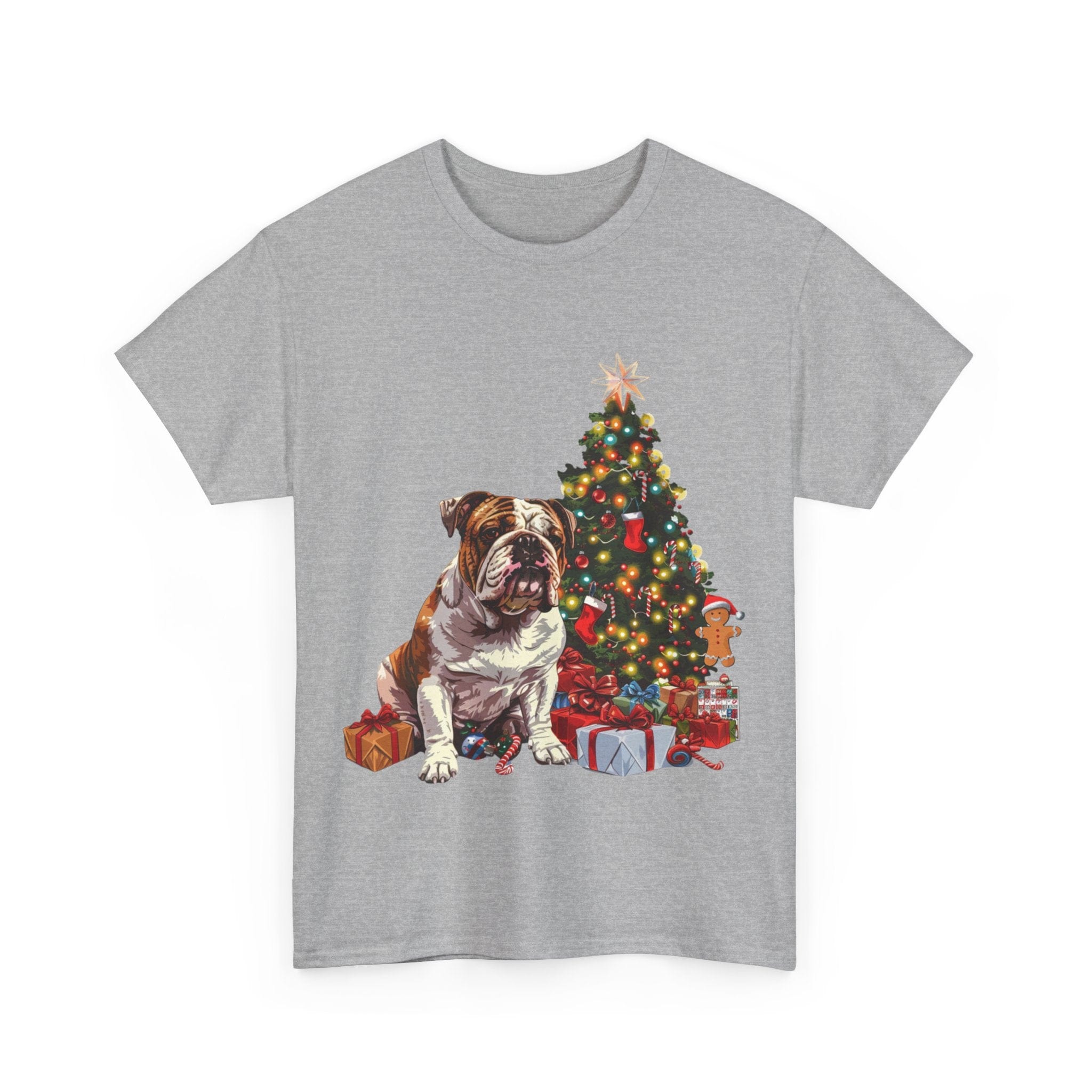 Printify T-Shirt Bulldog with Christmas Tree and Gifts – Festive Holiday Dog Art