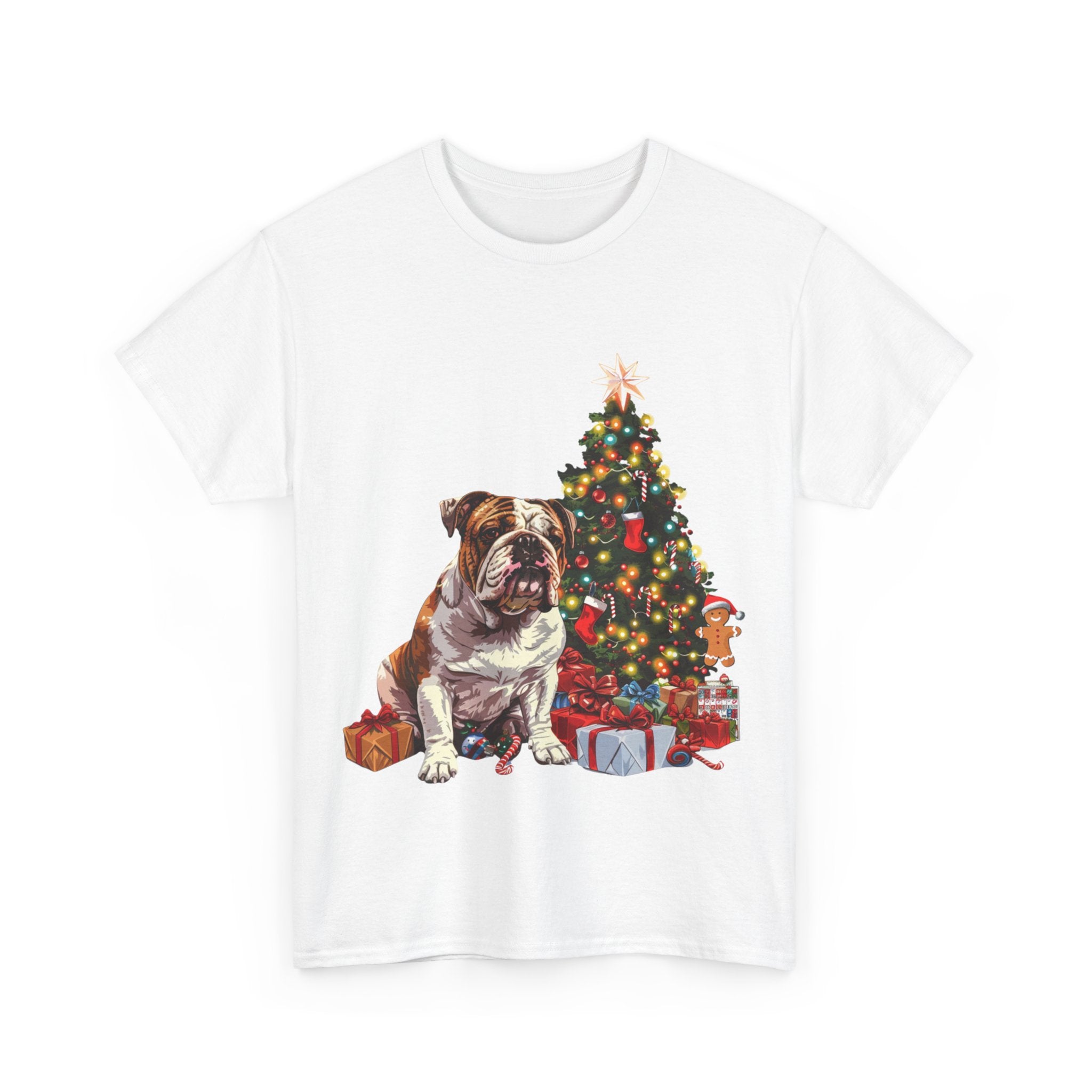 Printify T-Shirt Bulldog with Christmas Tree and Gifts – Festive Holiday Dog Art